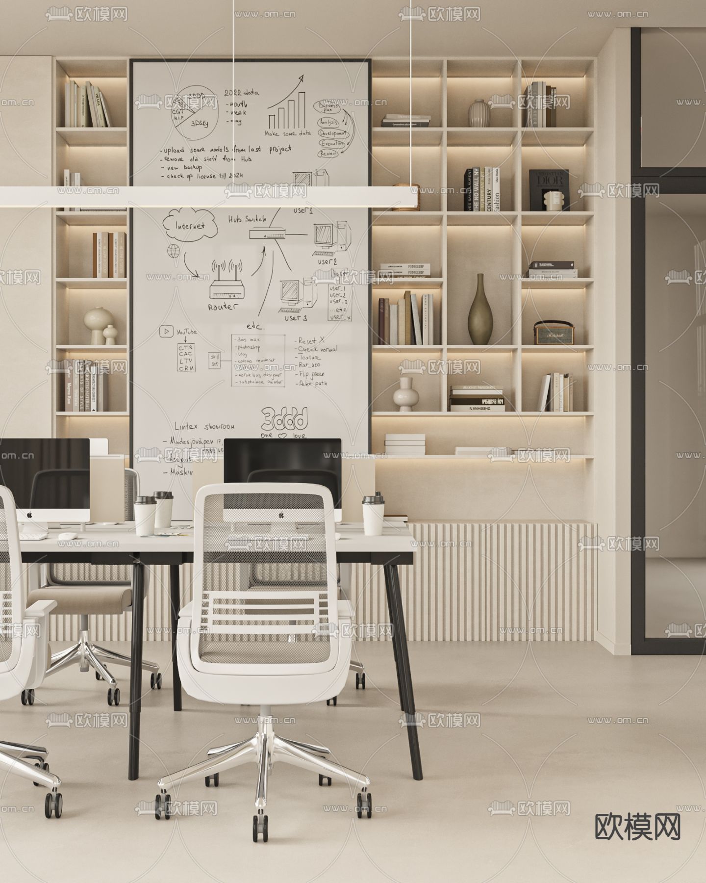 奶油风办公室 公共办公区 工位3d模型下载（渲染图2）