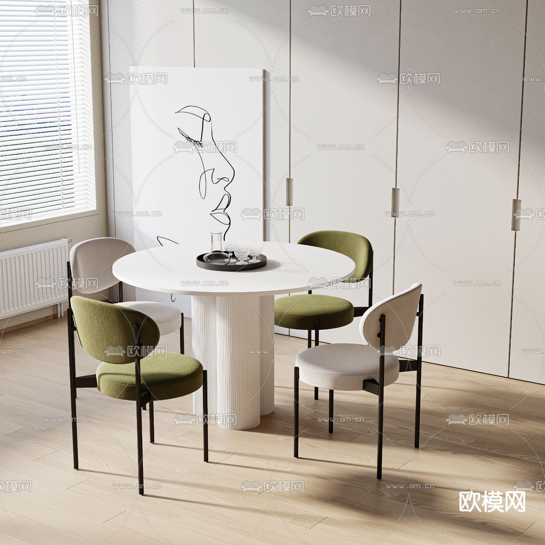 奶油风餐桌椅su模型下载（渲染图1）