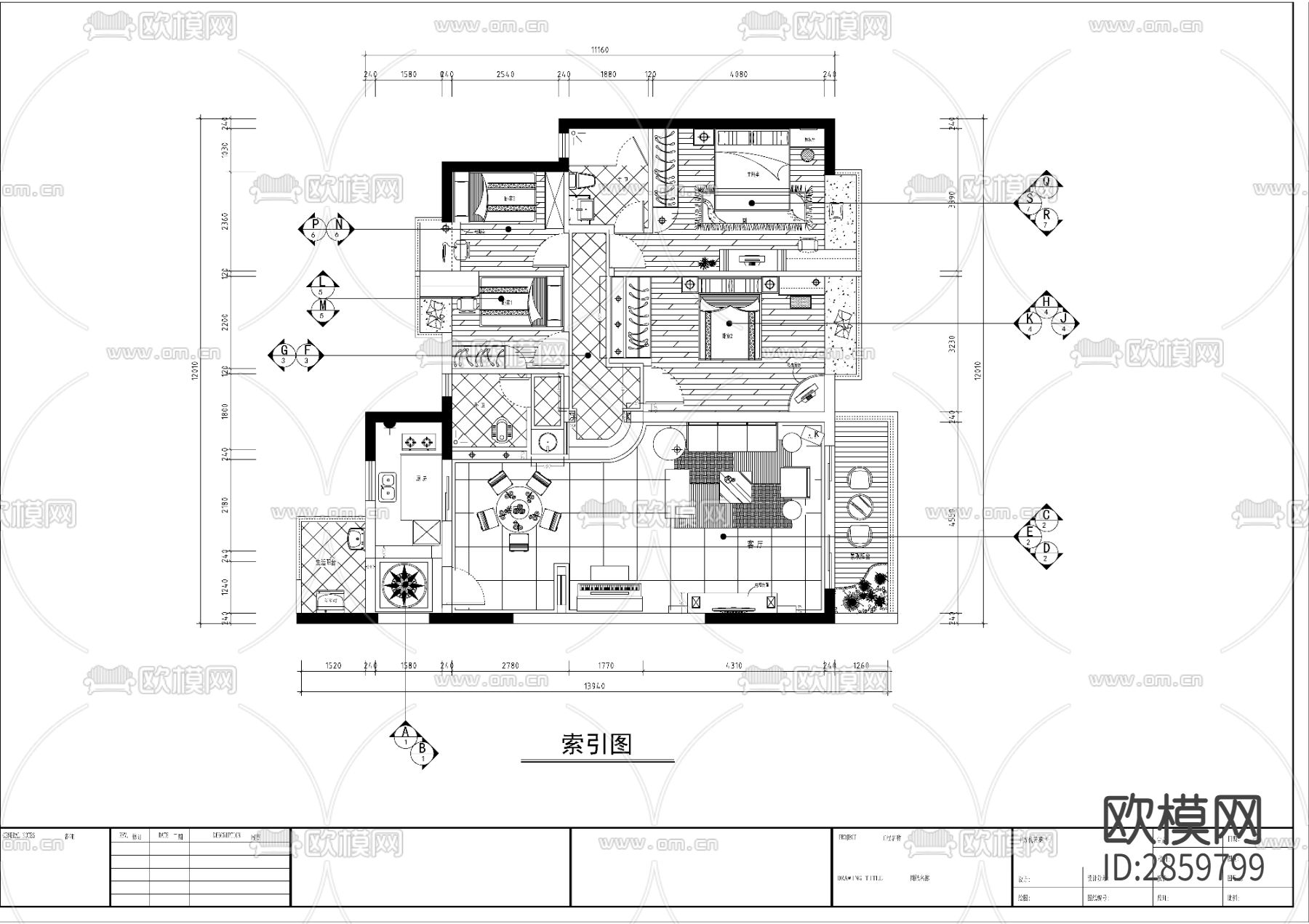 简欧风格大平层cad施工图下载（渲染图7）