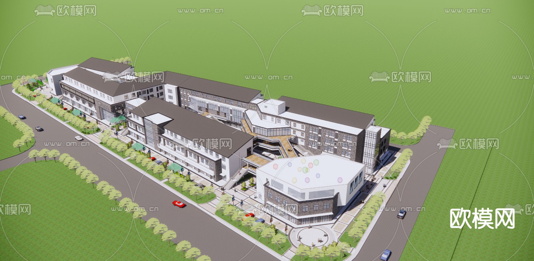 现代商业街su模型下载（渲染图2）