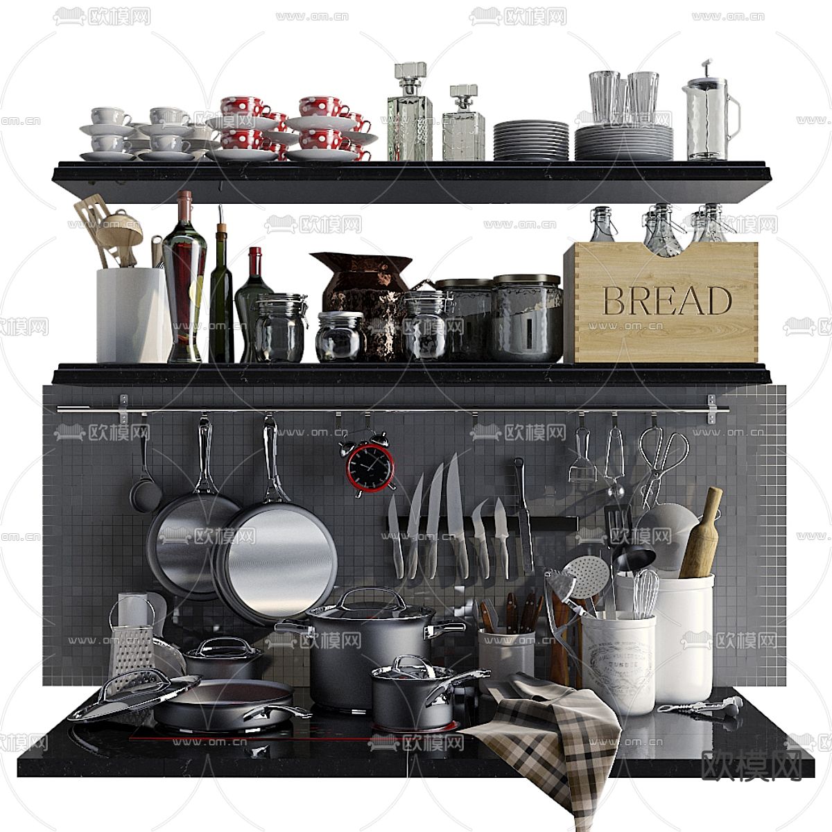 厨房用品 置物架 厨具 碗碟3d模型下载（渲染图1）