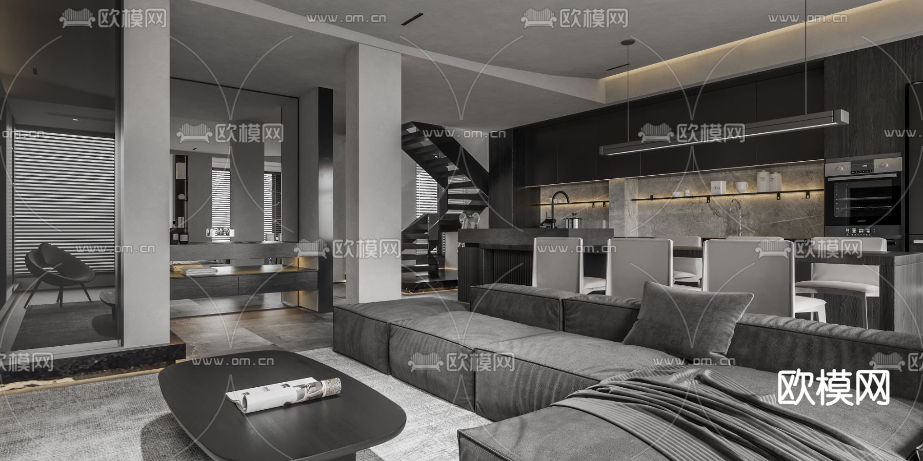 高级灰客厅 餐厅3d模型下载（渲染图4）