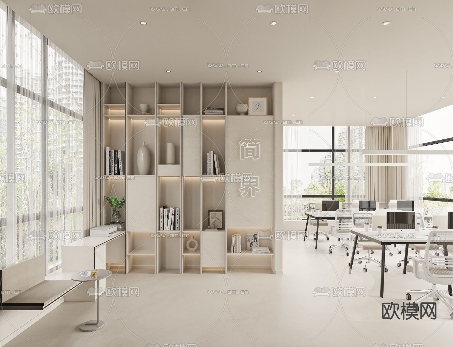 奶油风办公室 公共办公区 工位3d模型下载（渲染图7）