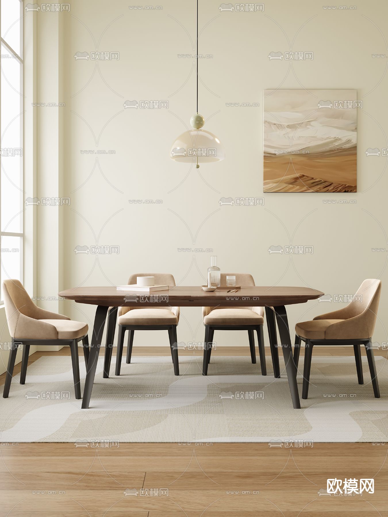 奶油风餐桌椅 条形餐桌3d模型下载