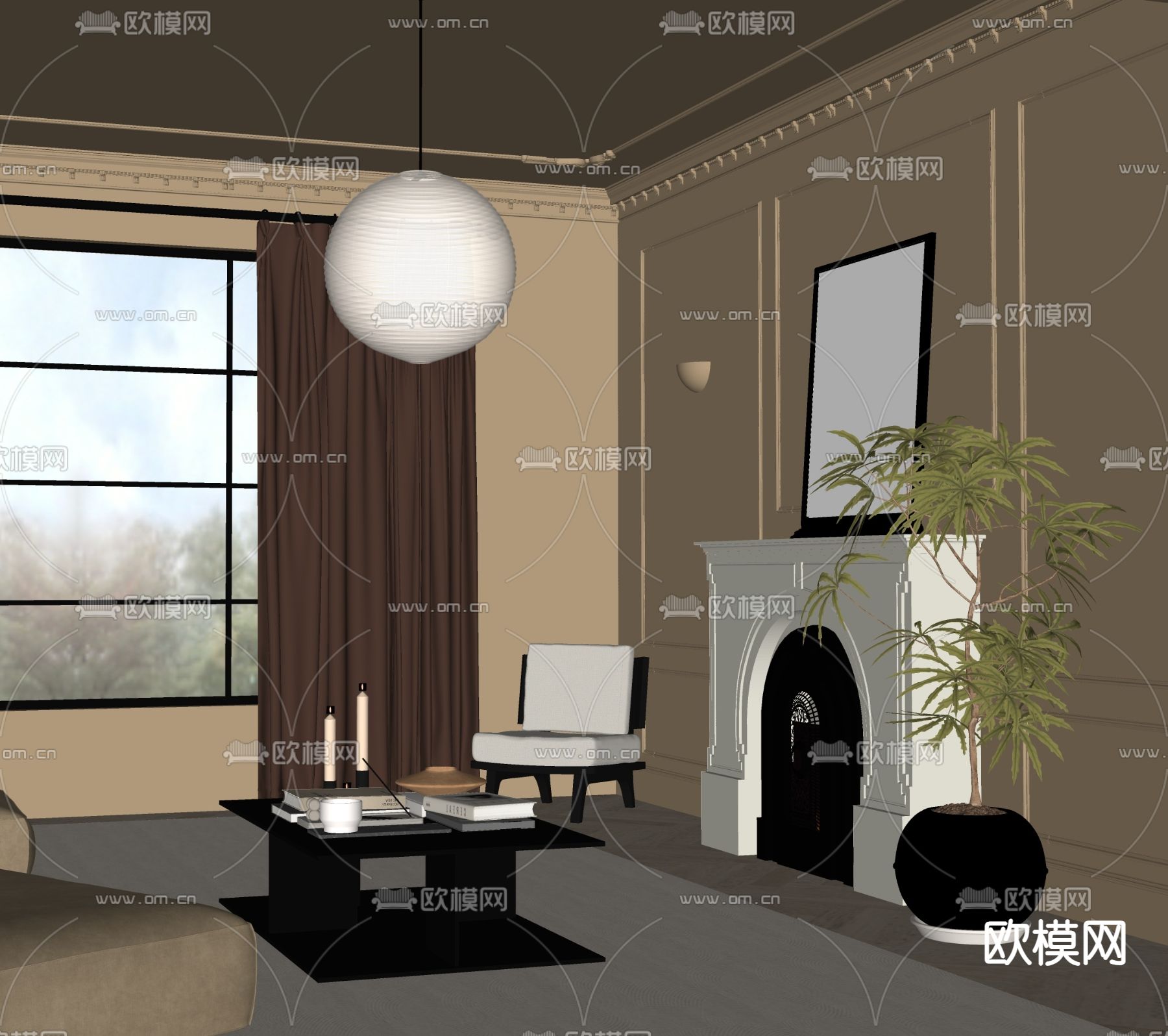 法式壁炉 茶几su模型下载（渲染图2）