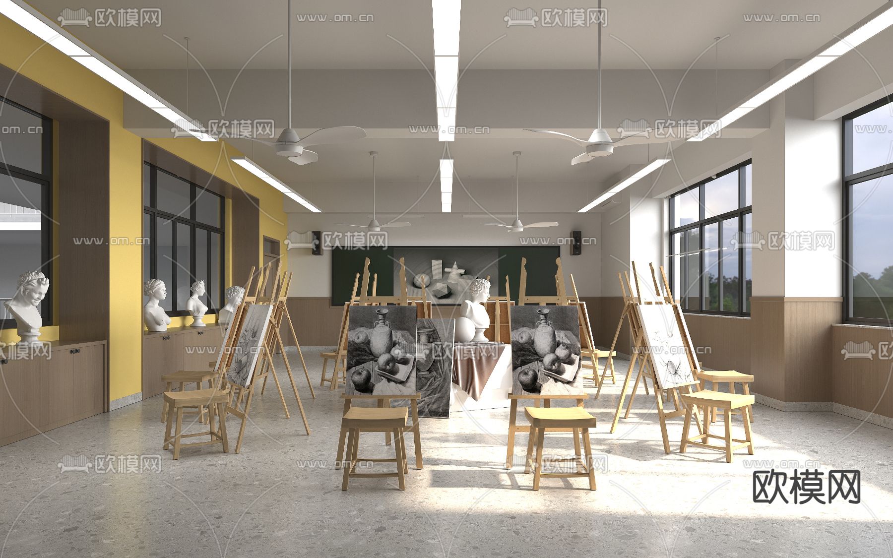 现代美术教室su模型下载（渲染图1）