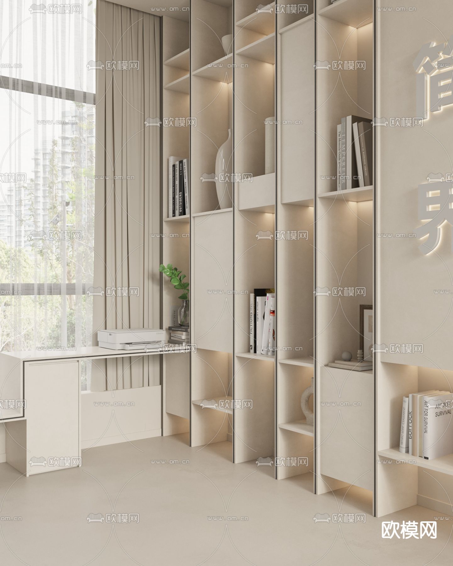 奶油风办公室 公共办公区 工位3d模型下载（渲染图3）