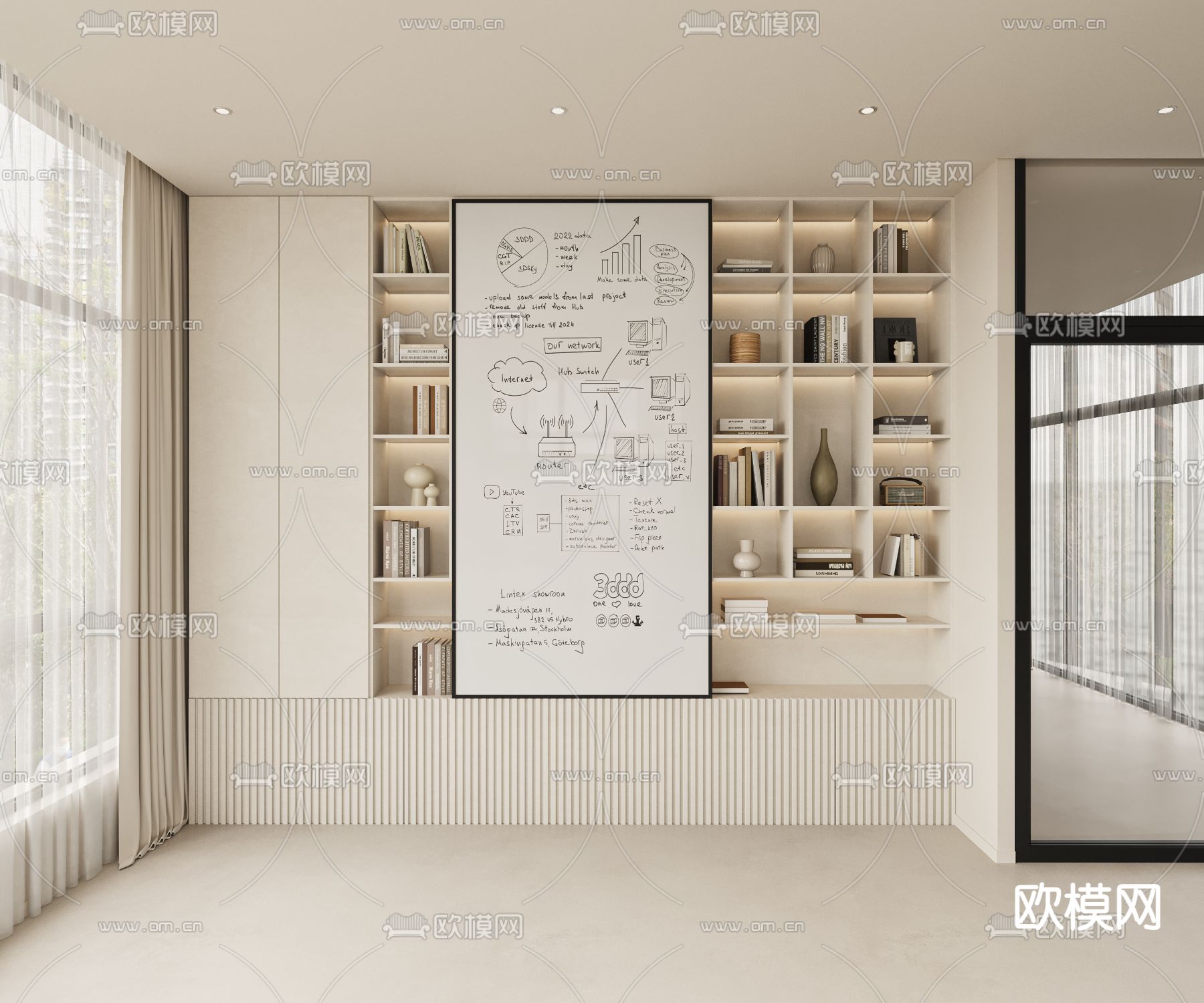 奶油风办公室 公共办公区 工位3d模型下载（渲染图6）