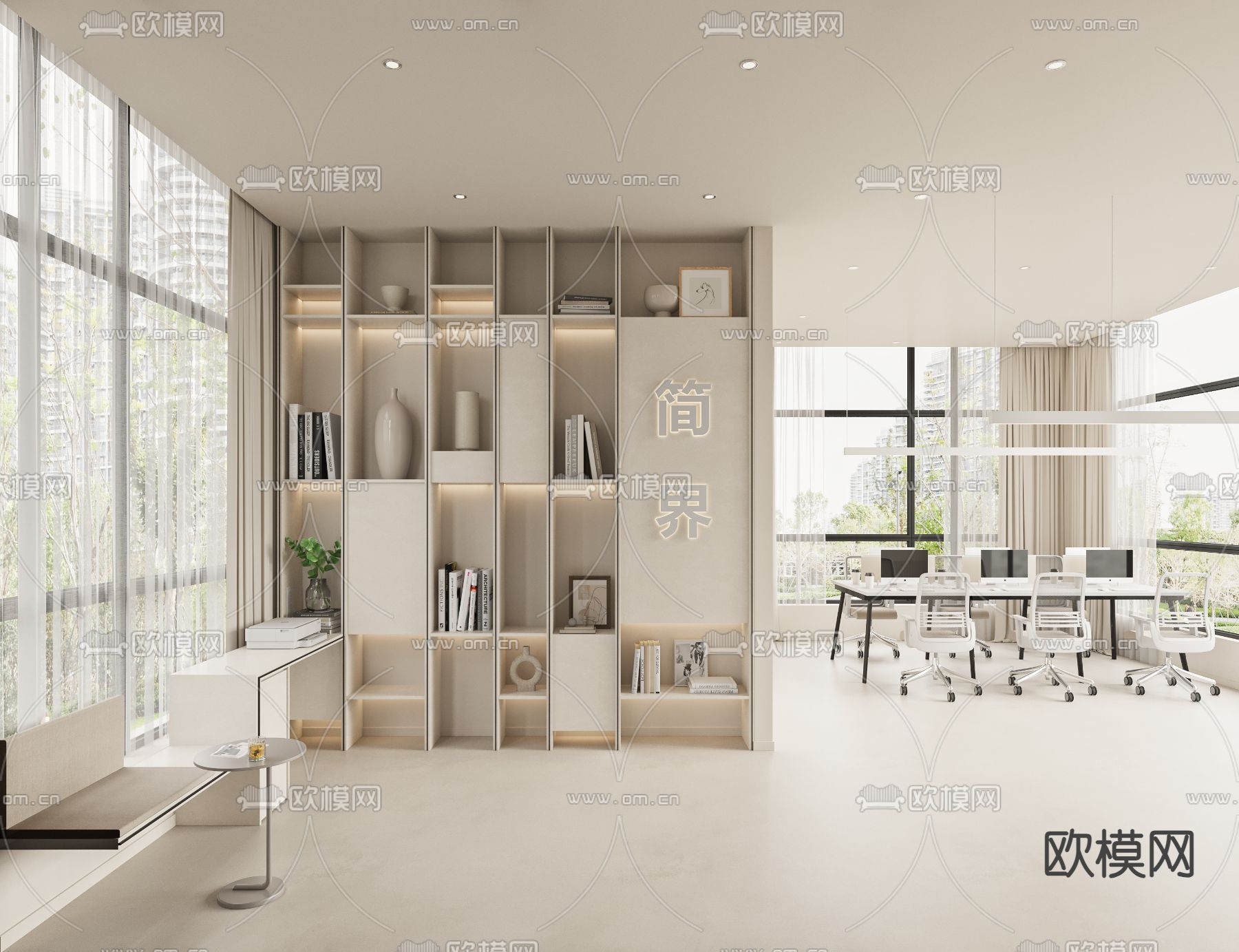奶油风办公室 公共办公区 工位3d模型下载（渲染图4）