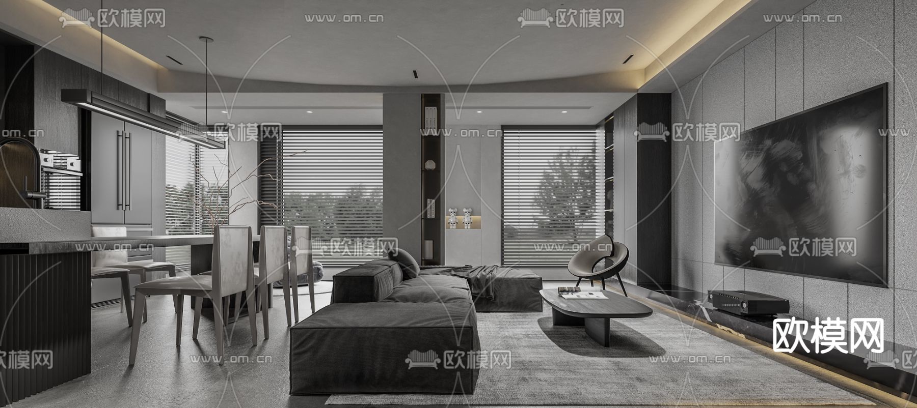 高级灰客厅 餐厅3d模型下载（渲染图1）