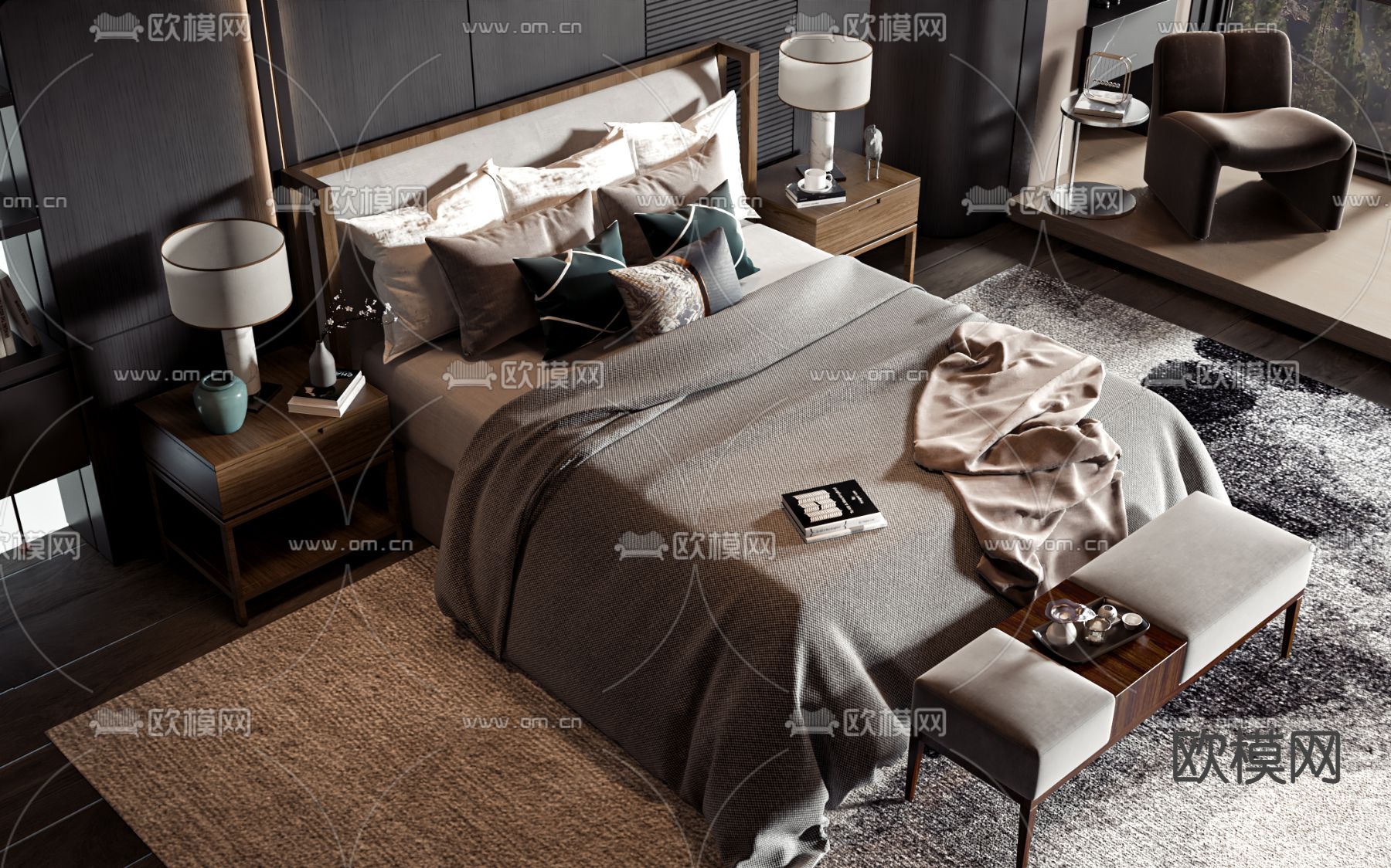 新中式双人床3d模型下载