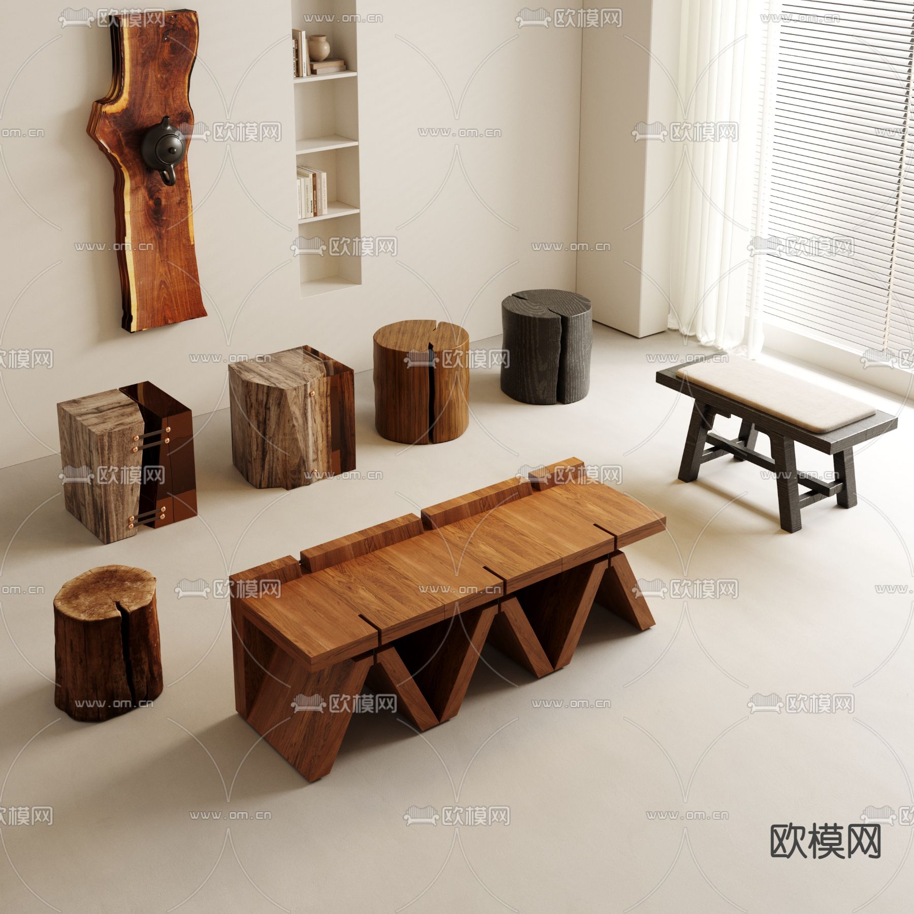 侘寂凳子 木凳 矮凳 茶台 木桩3d模型下载