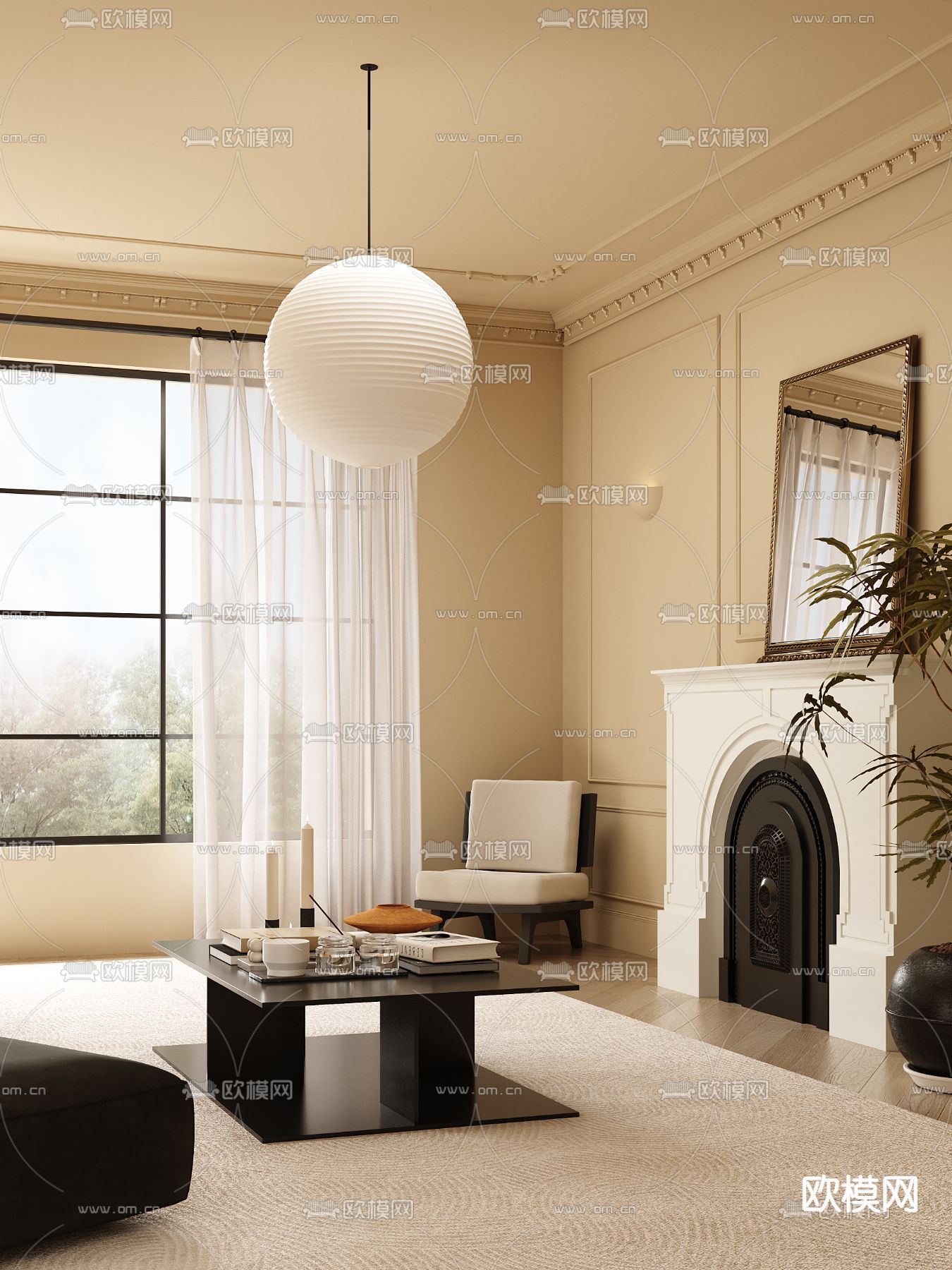 法式壁炉 茶几su模型下载（渲染图1）