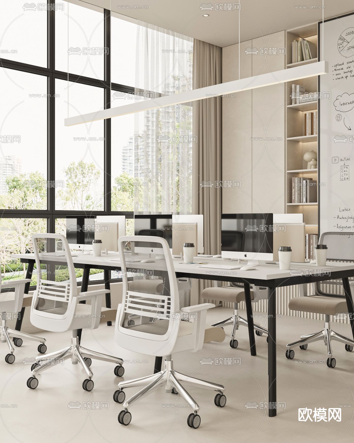 奶油风办公室 公共办公区 工位3d模型下载（渲染图1）