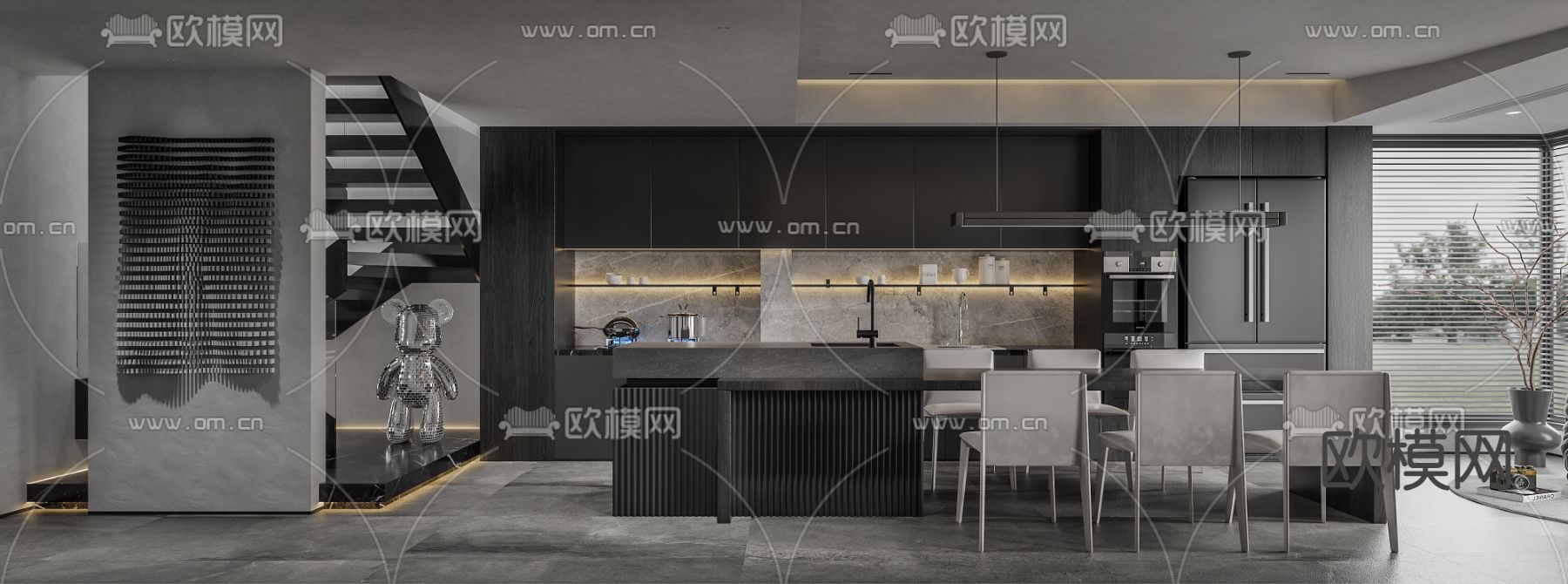 高级灰客厅 餐厅3d模型下载（渲染图2）