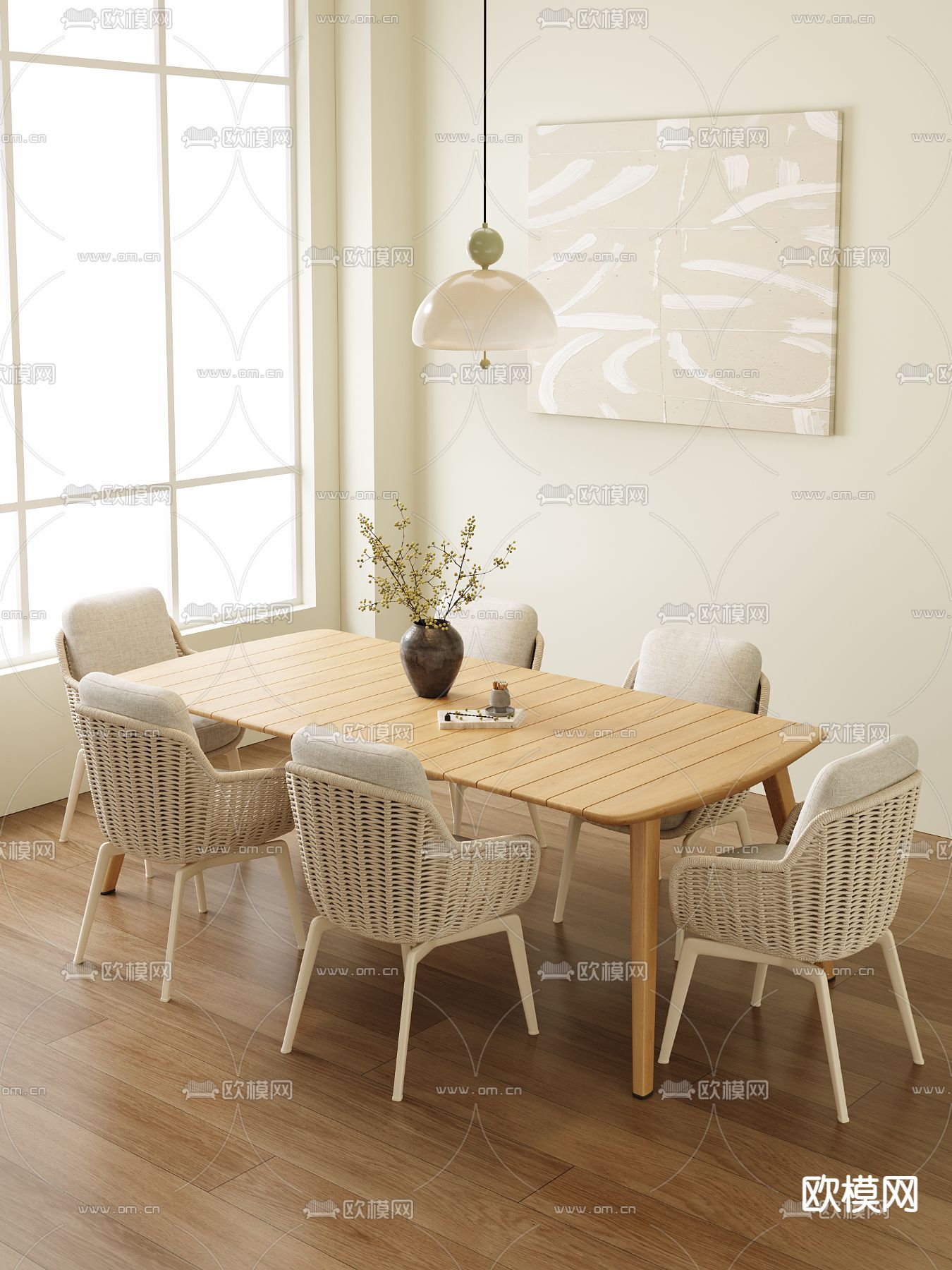 奶油风餐桌椅 条形餐桌3d模型下载