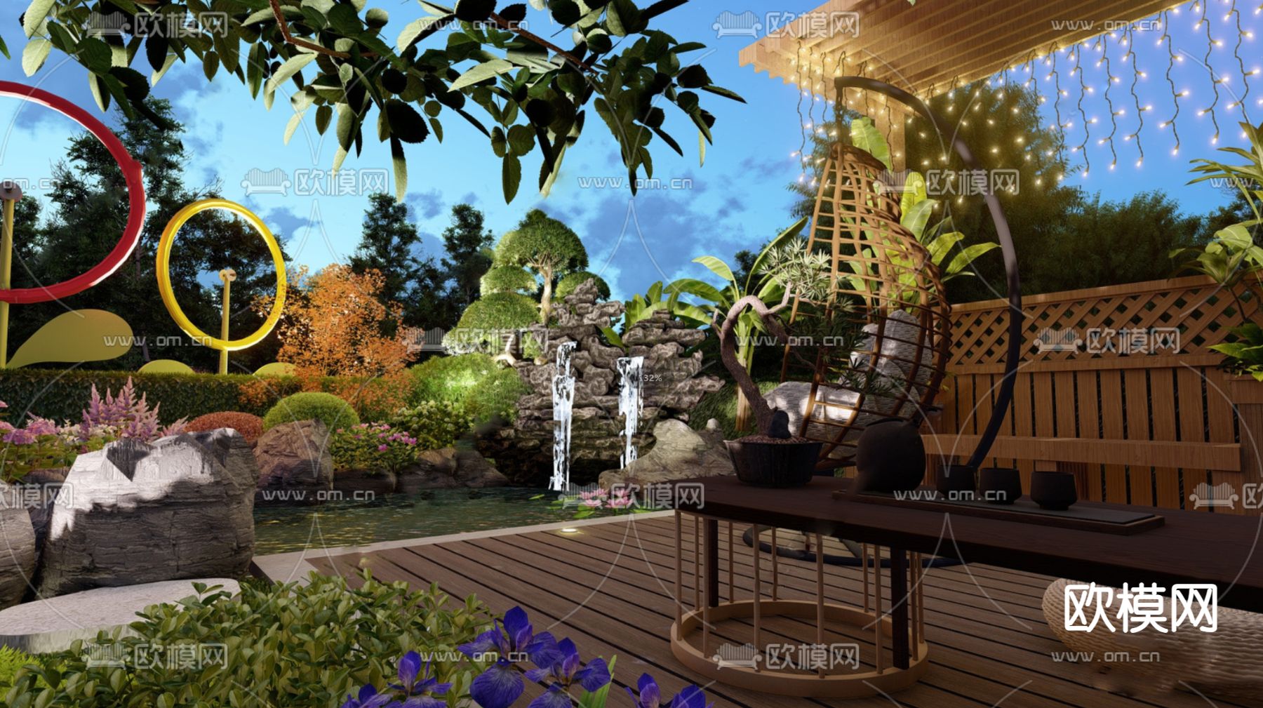 新中式庭院景观su模型下载（渲染图2）