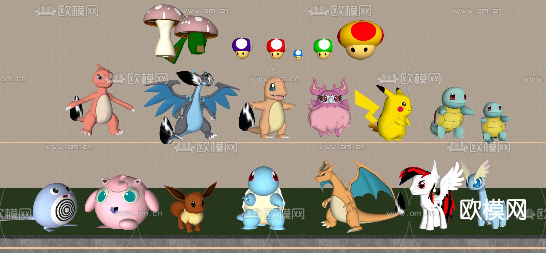 宝可梦 皮卡丘 胖丁 龙猫手办su模型下载（渲染图2）