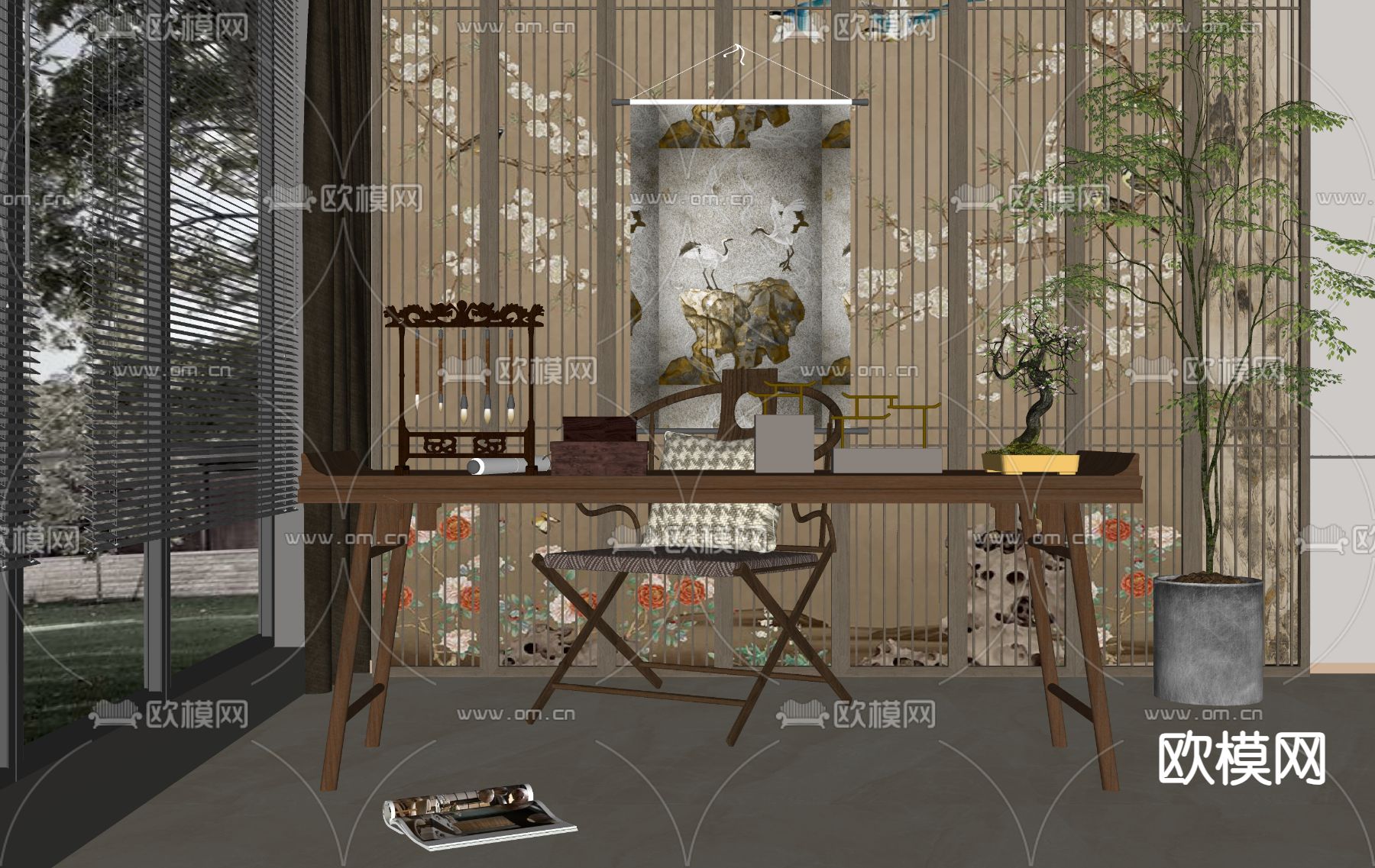 新中式书桌椅su模型下载（渲染图2）