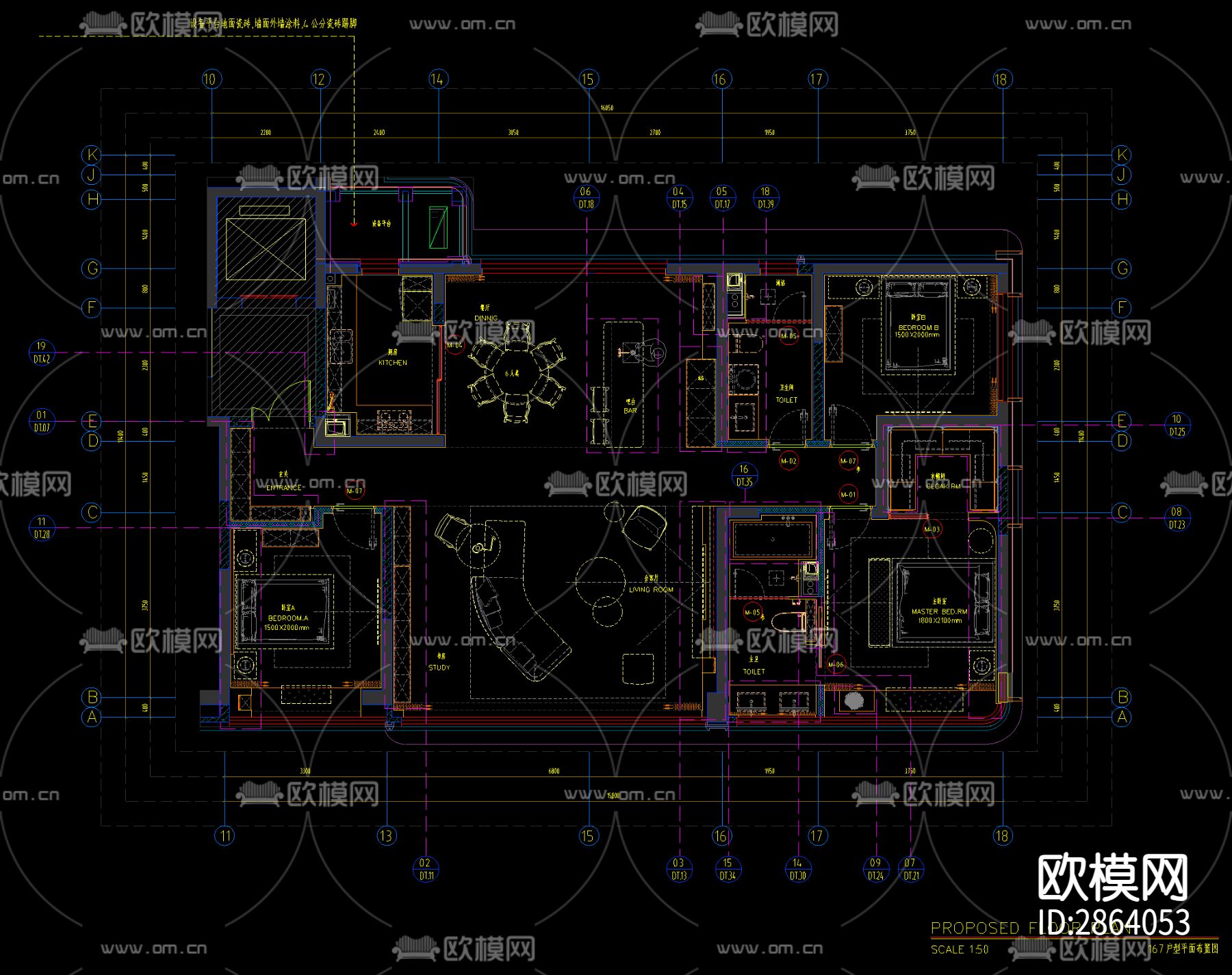 家装平层cad施工图下载（渲染图1）
