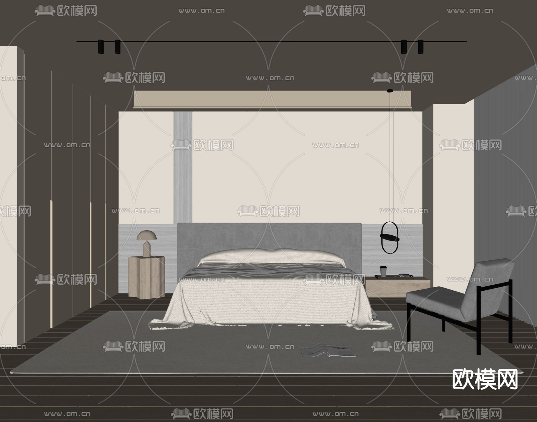 奶油风卧室su模型下载（渲染图2）