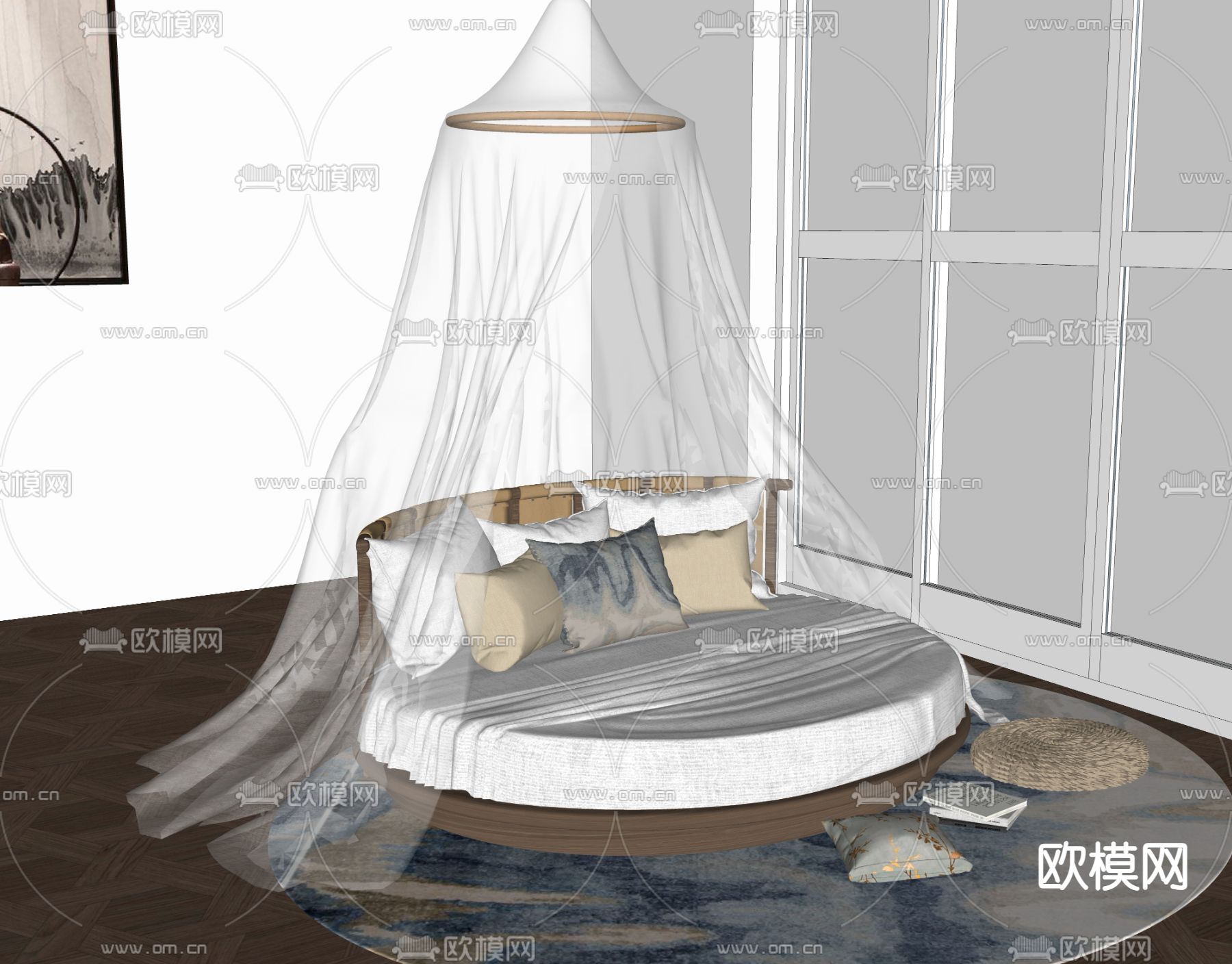 现代圆床su模型下载（渲染图2）