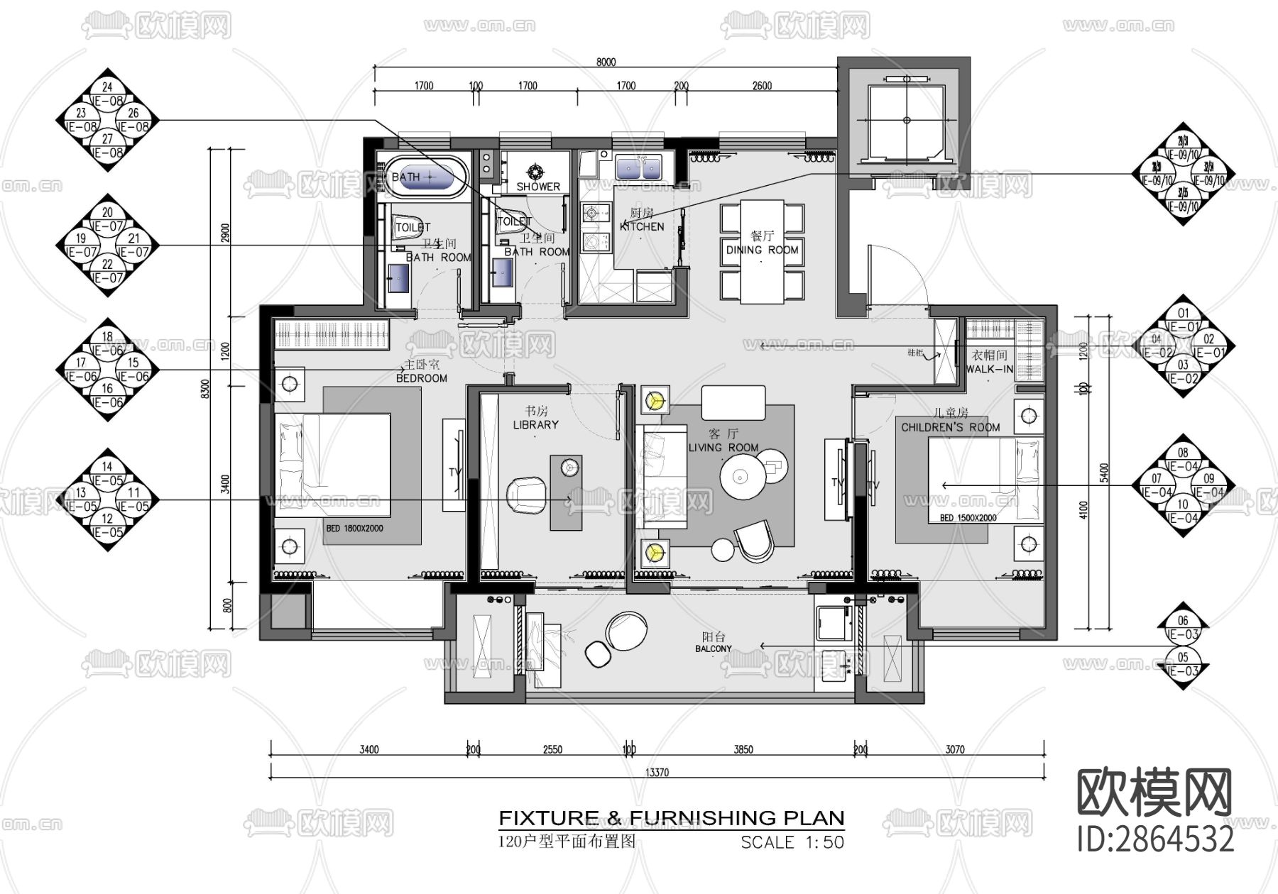 家装平层cad施工图下载（渲染图3）