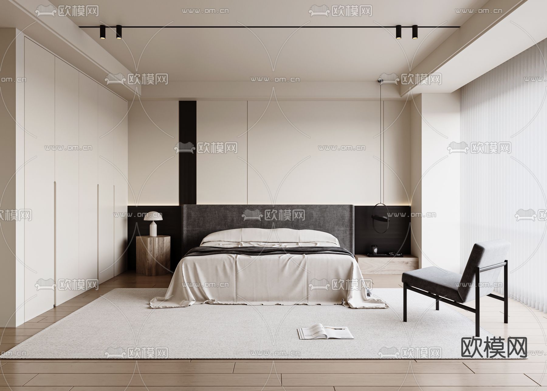 奶油风卧室su模型下载（渲染图1）