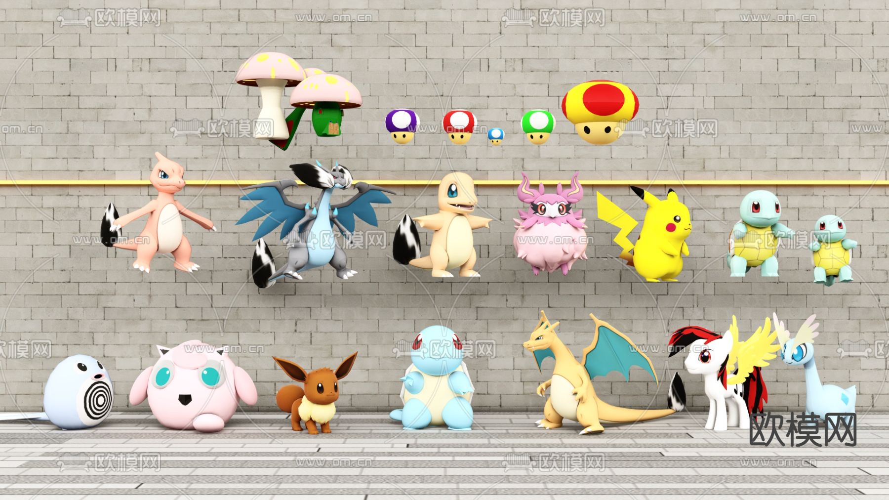 宝可梦 皮卡丘 胖丁 龙猫手办su模型下载（渲染图1）