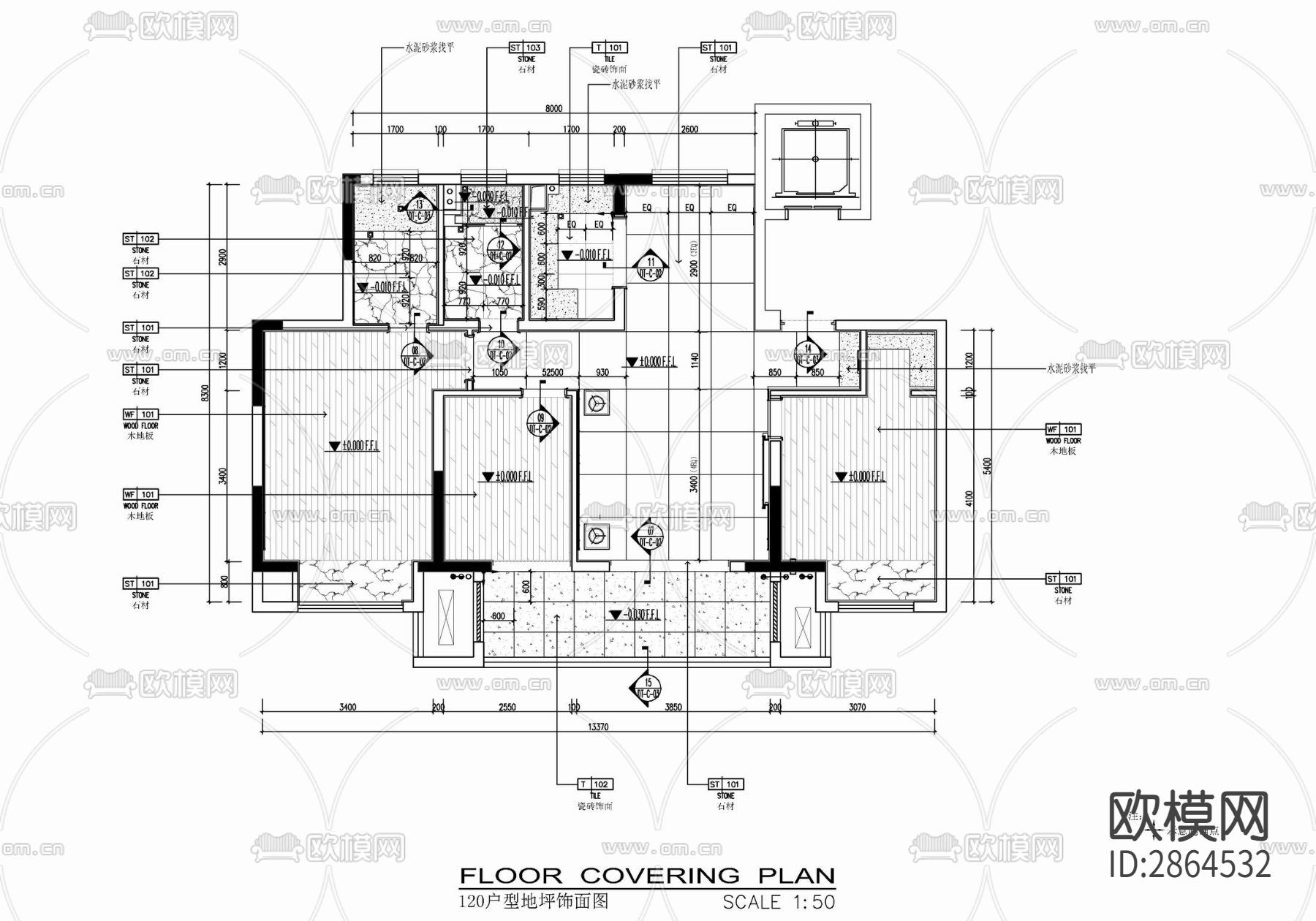 家装平层cad施工图下载（渲染图2）
