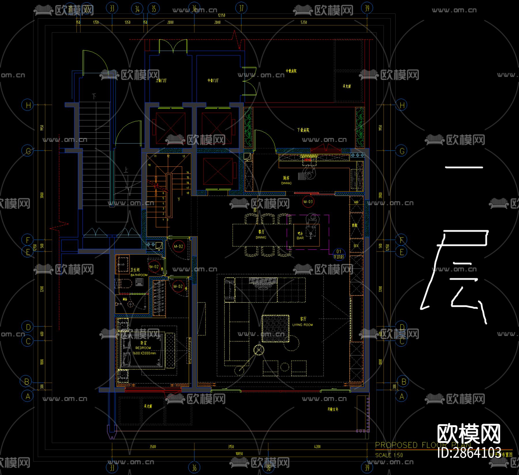家装平层cad施工图下载（渲染图2）