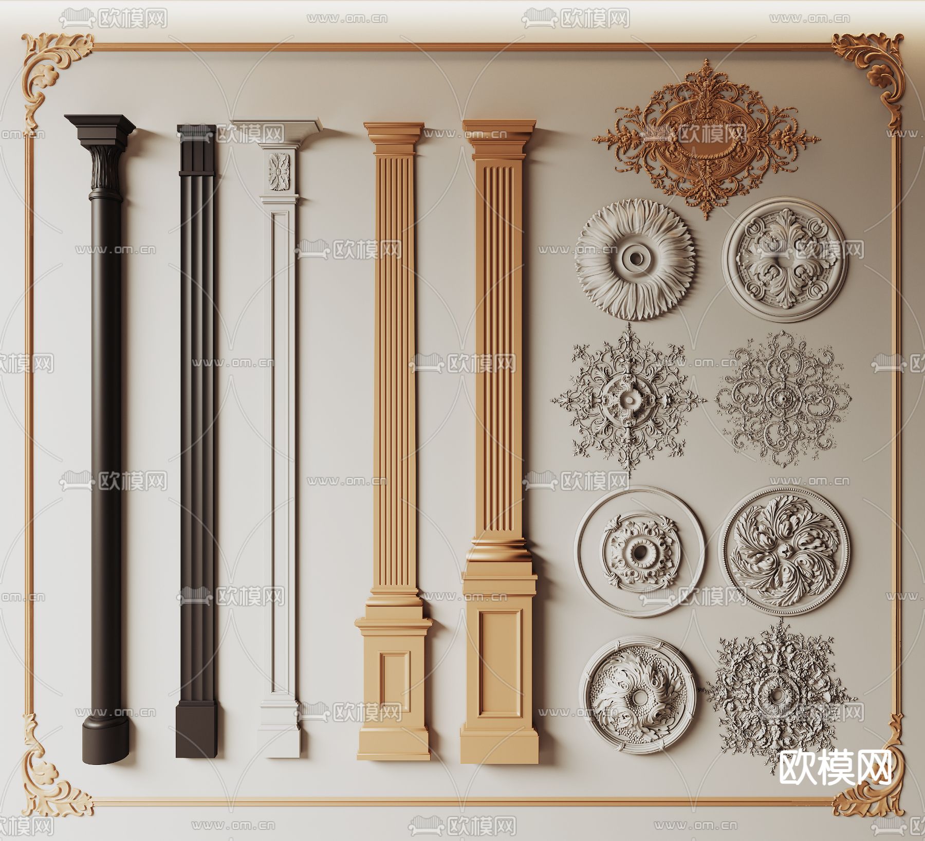 法式石膏灯盘 柱子 罗马柱 门庭柱3d模型下载