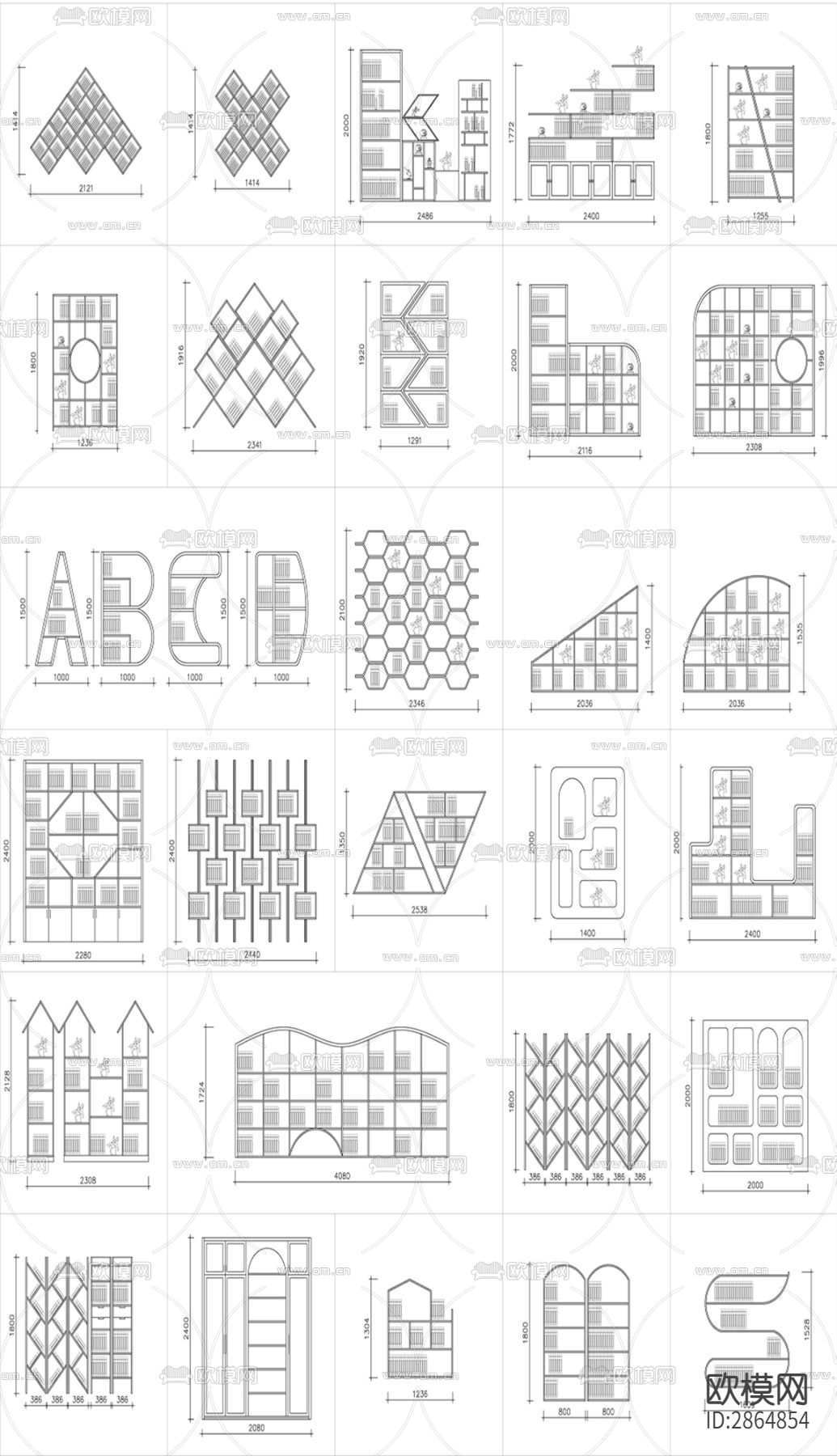 异形书架柜子cad图库下载（渲染图1）