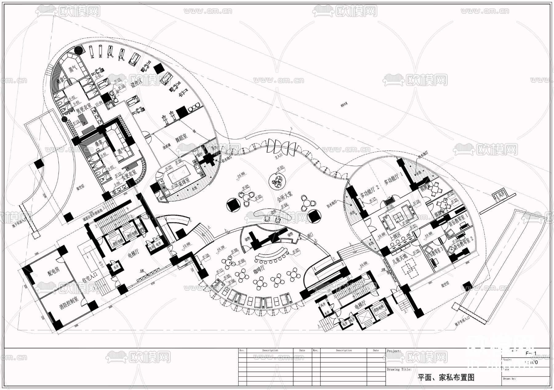 1600㎡健身 桑拿 休闲 综合性会所cad施工图下载（渲染图2）