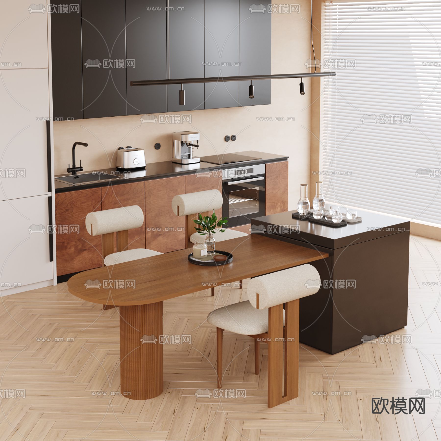 侘寂风岛台餐桌椅su模型下载（渲染图1）