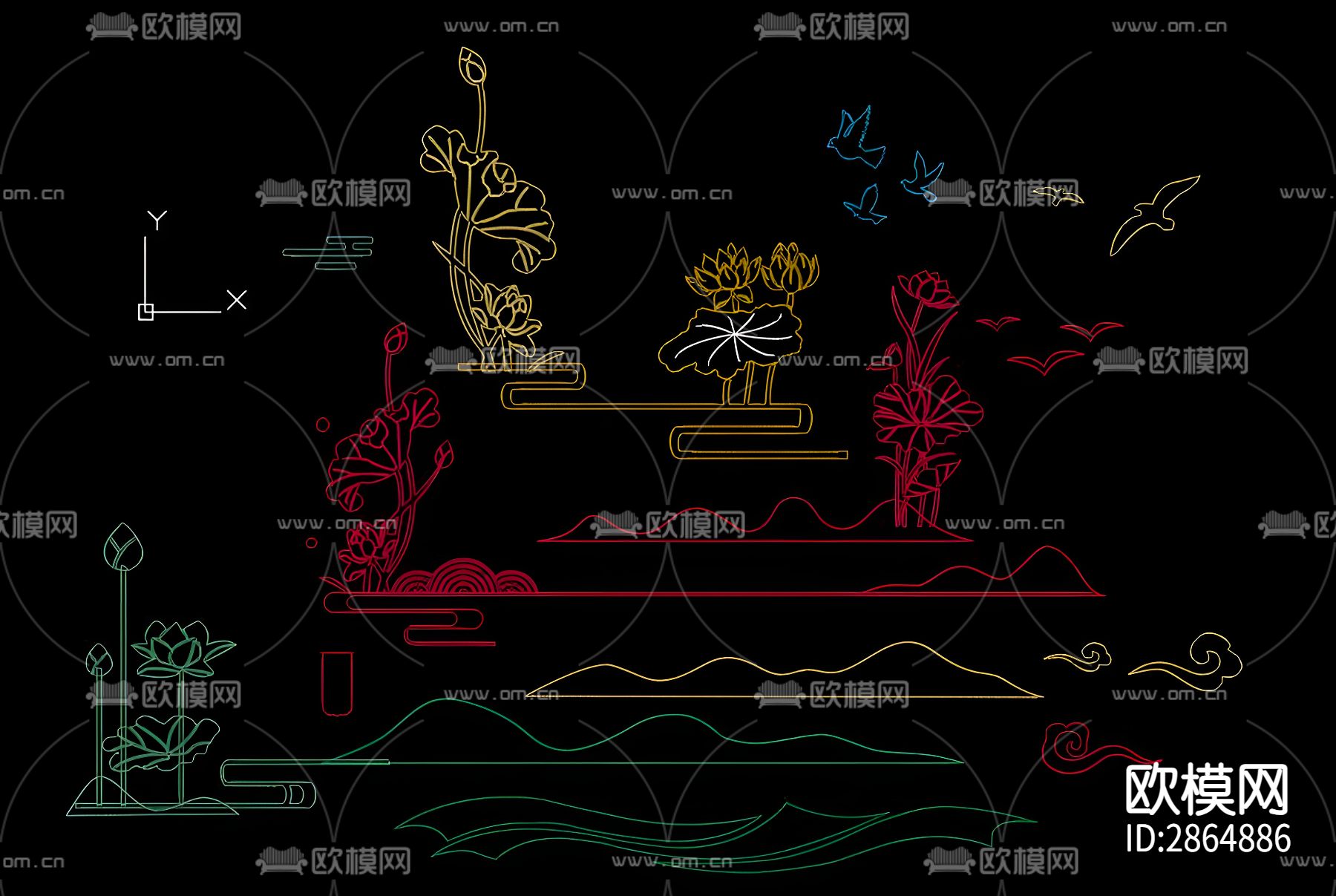 新中式云纹cad图库下载（渲染图3）