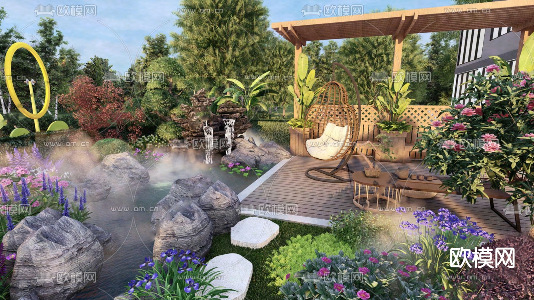 新中式庭院景观su模型下载（渲染图1）