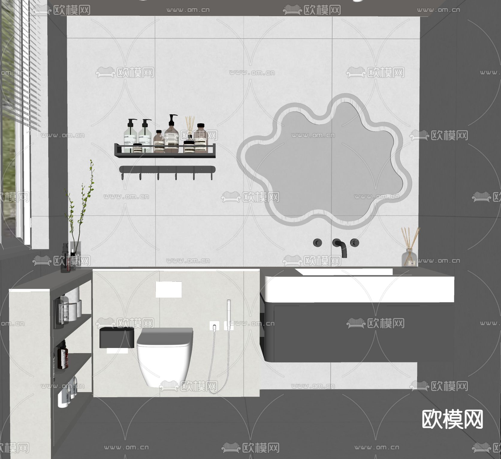 奶油风卫生间su模型下载（渲染图2）