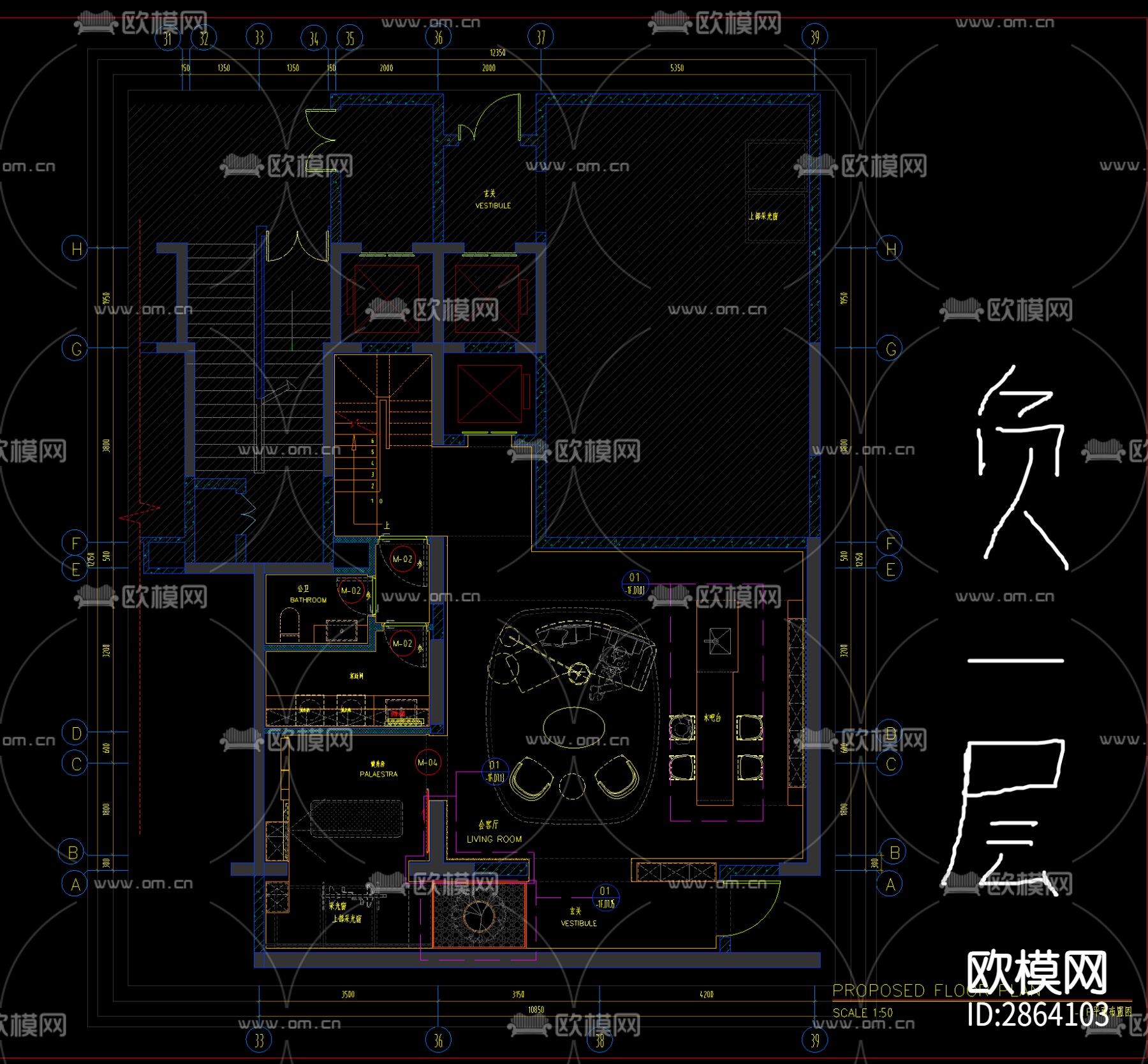 家装平层cad施工图下载（渲染图1）