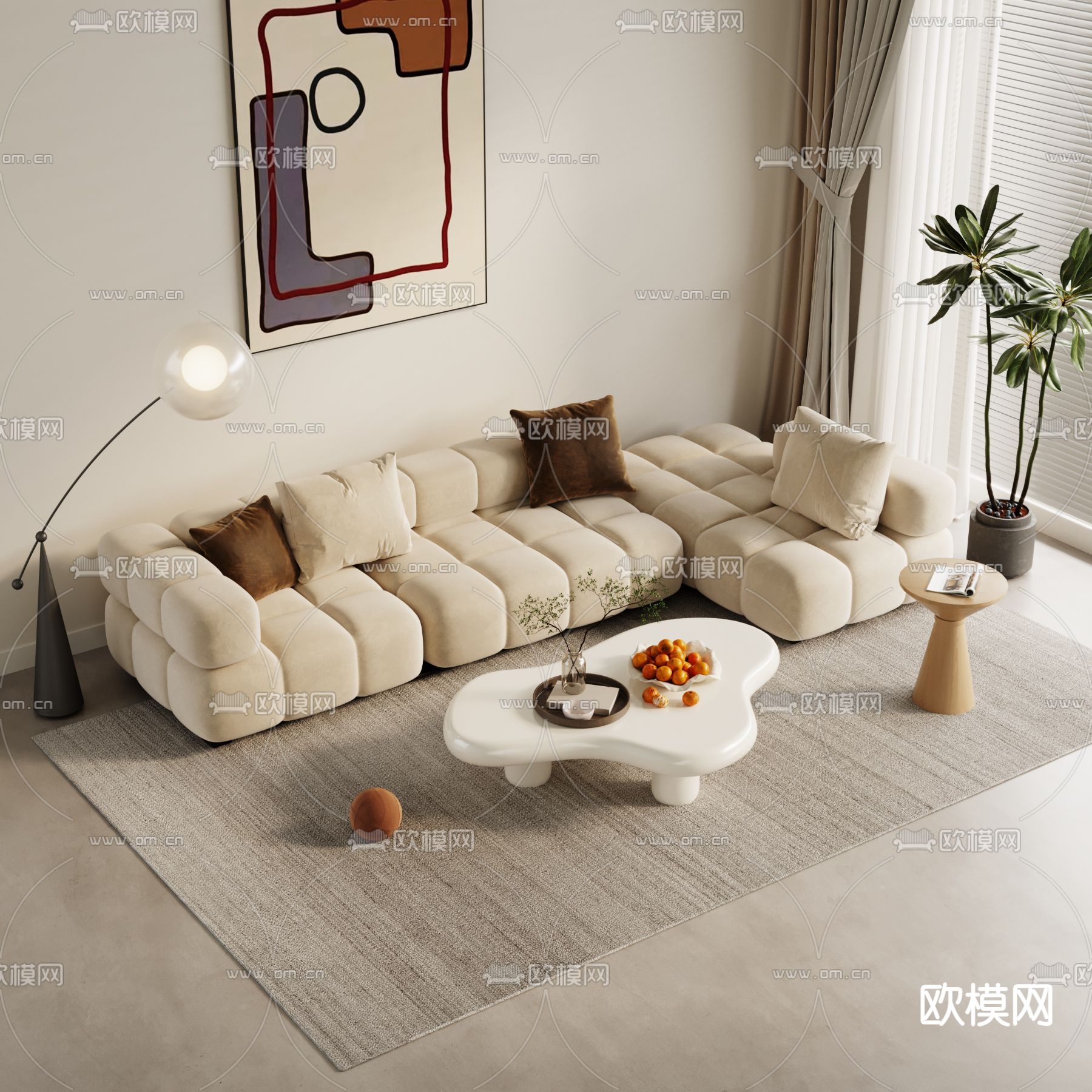 奶油风沙发 多人沙发3d模型下载