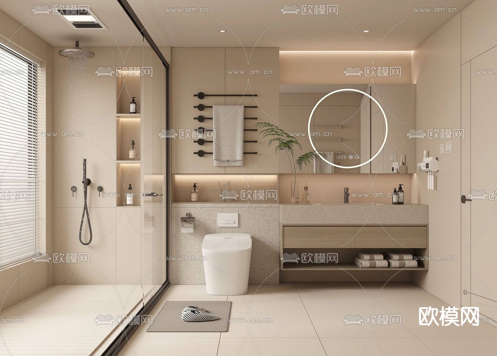 奶油风卫生间 浴室su模型下载（渲染图1）