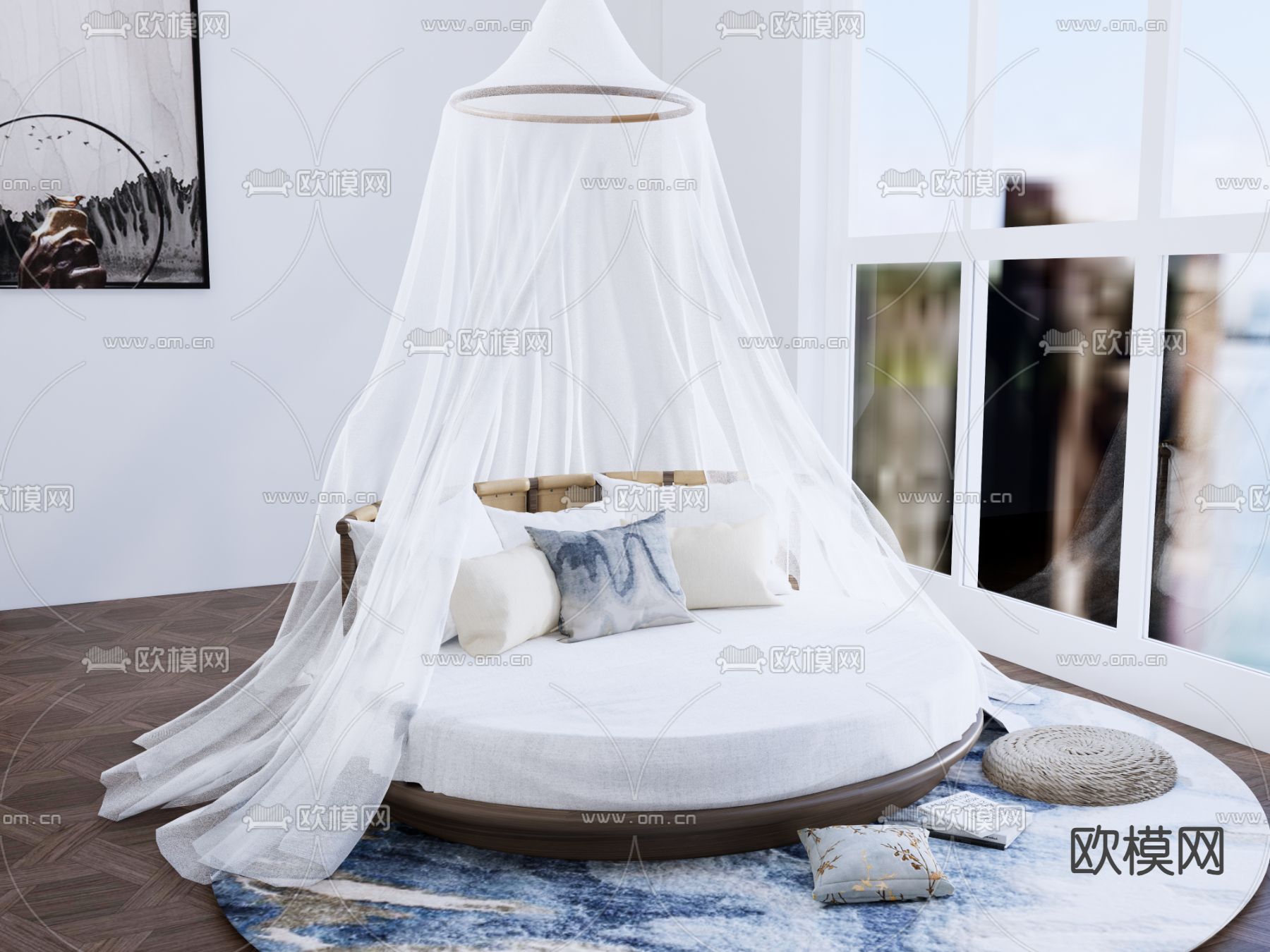 现代圆床su模型下载（渲染图1）