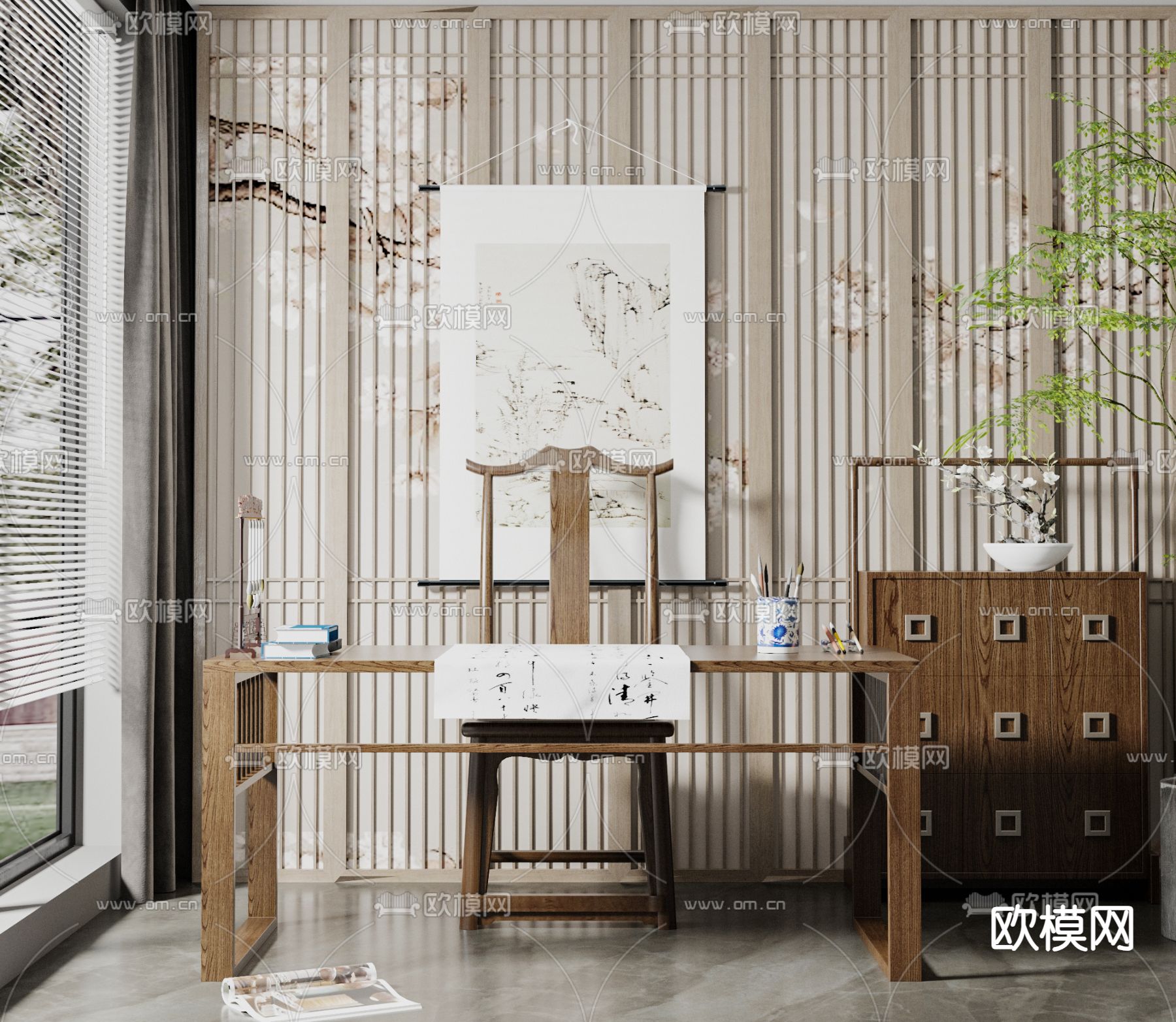 新中式书桌椅su模型下载（渲染图1）