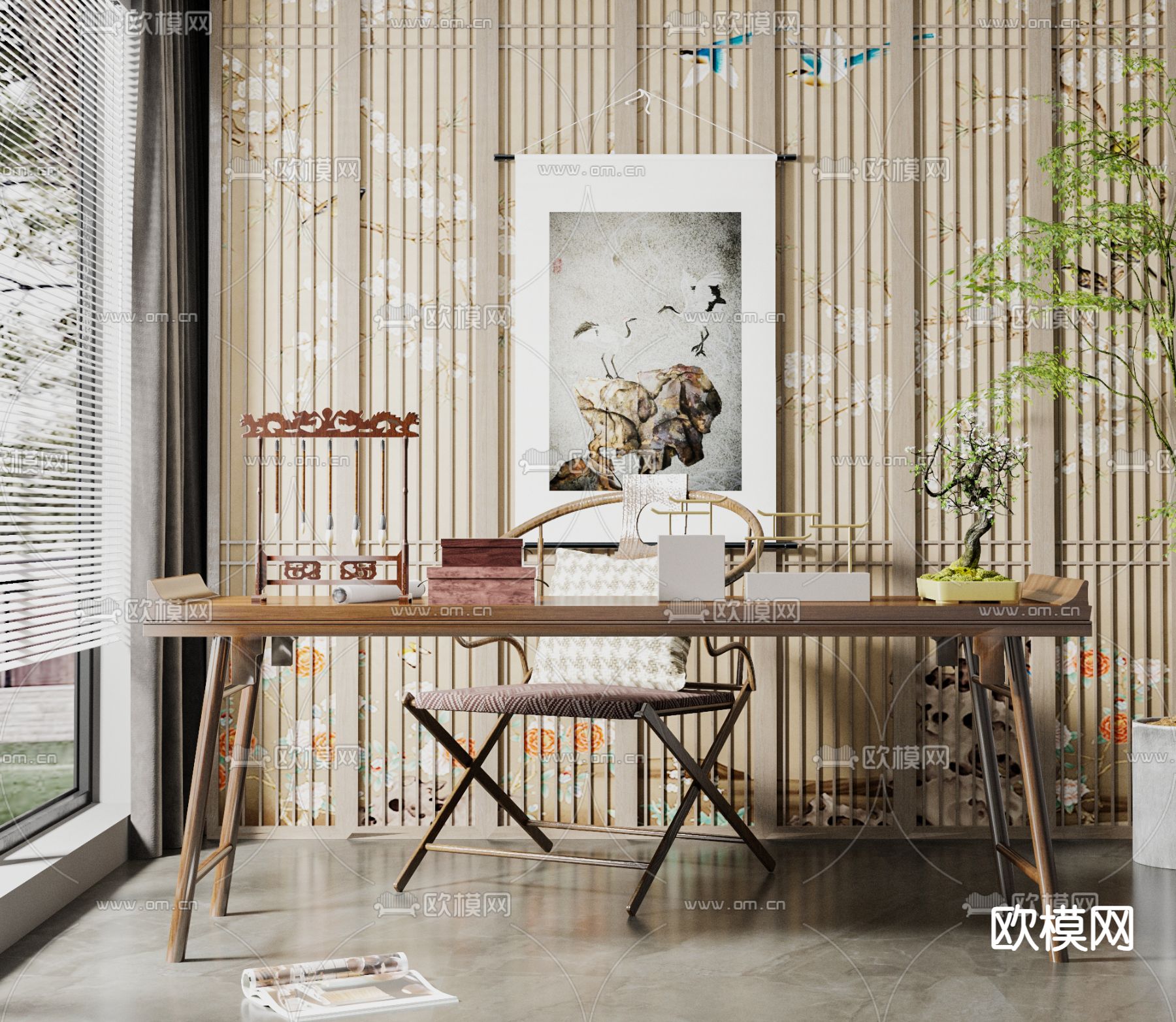 新中式书桌椅su模型下载（渲染图1）