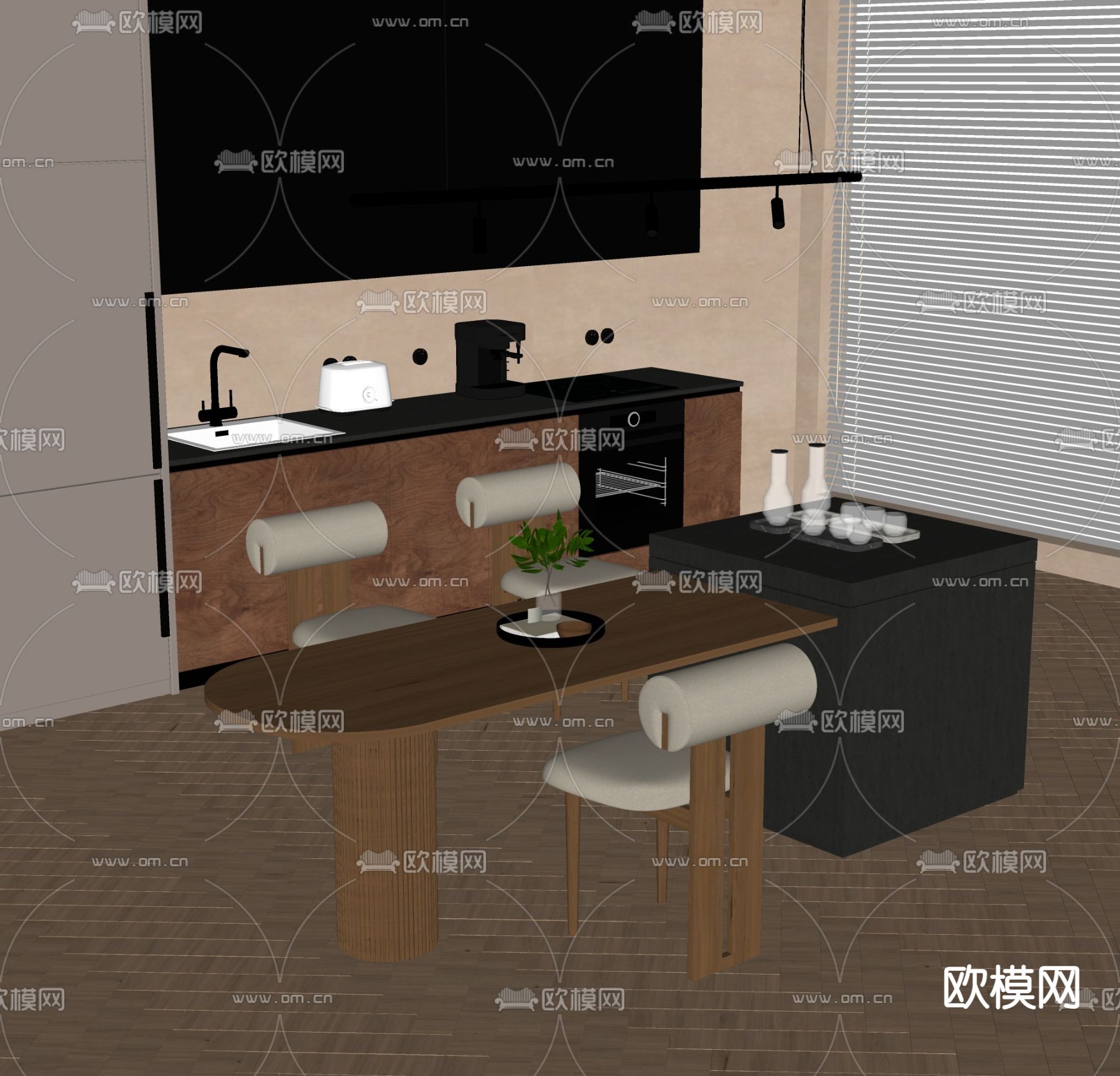 侘寂风岛台餐桌椅su模型下载（渲染图2）