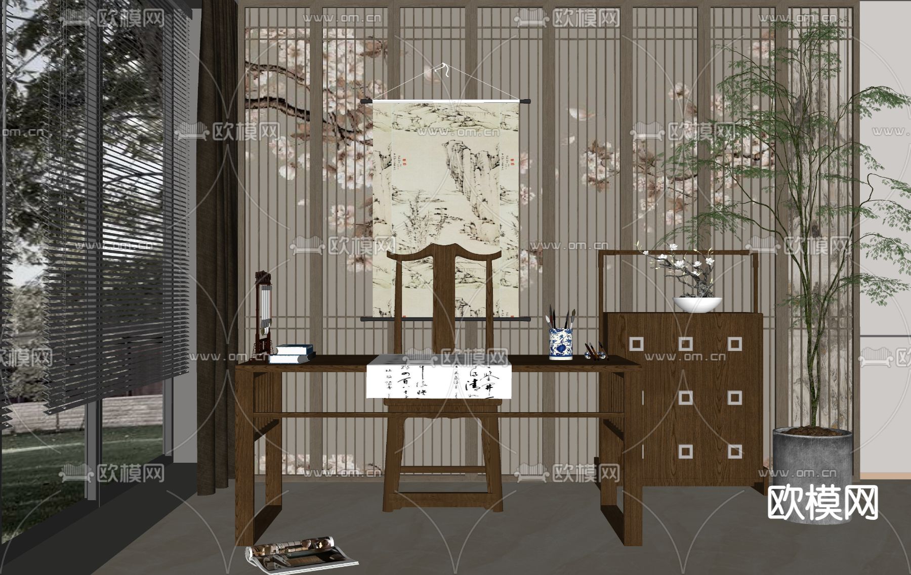 新中式书桌椅su模型下载（渲染图2）