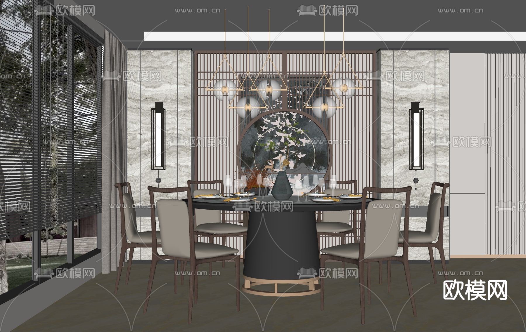 新中式餐桌椅su模型下载（渲染图2）