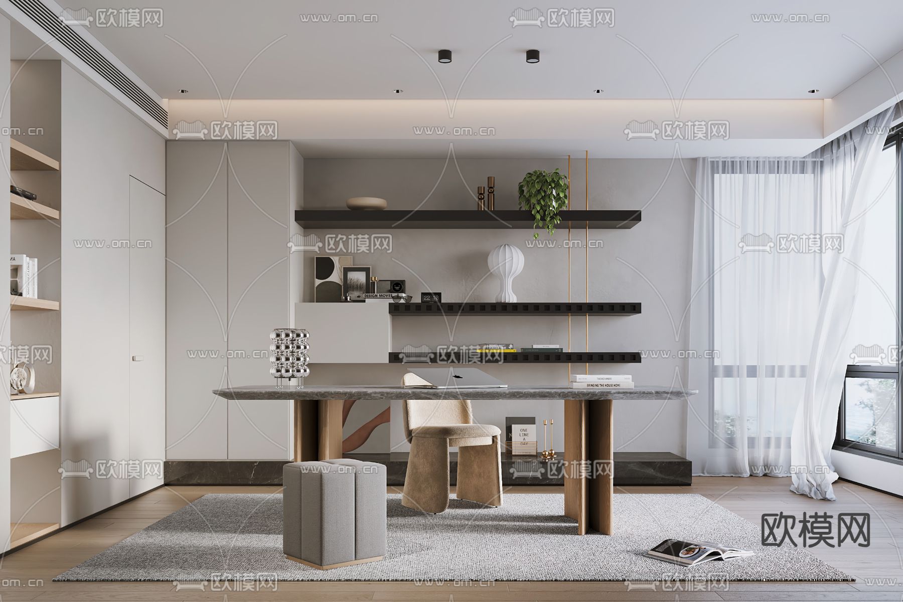 现代书房 学习房3d模型下载