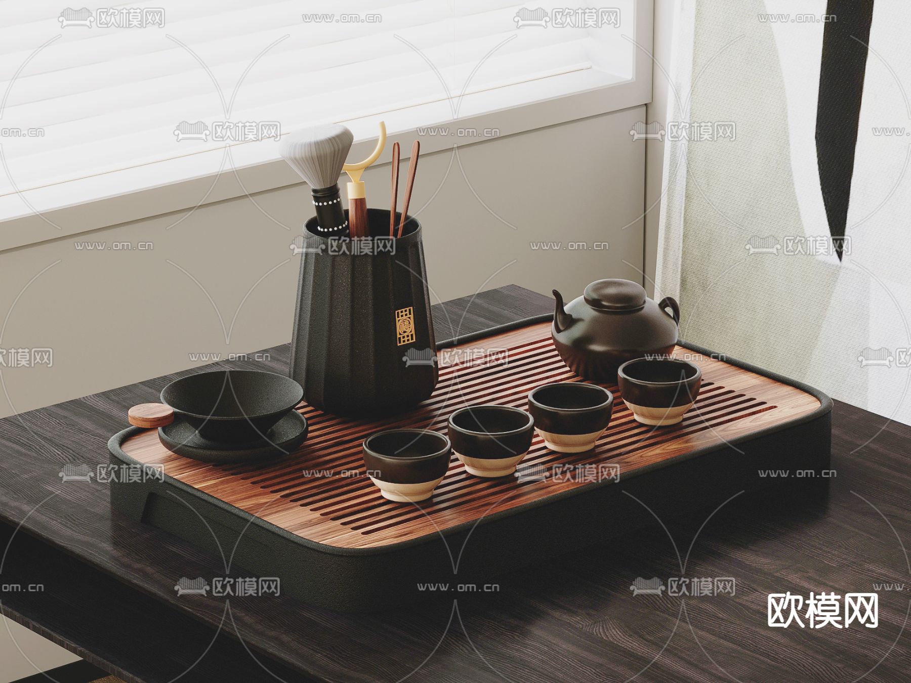 新中式茶具 茶台 茶壶 茶杯su模型下载（渲染图1）