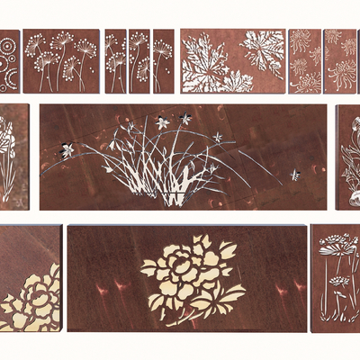 新中式锈板景墙su模型